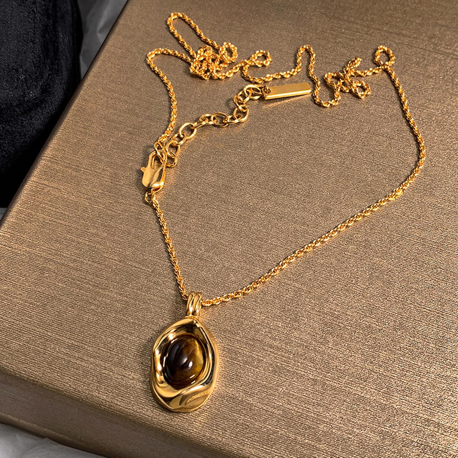 14K Gold Plated Brown Stone Necklace for Women Vintage Tigers Eye Necklace Chunky Statement Necklace Fall Jewelry - Image 6