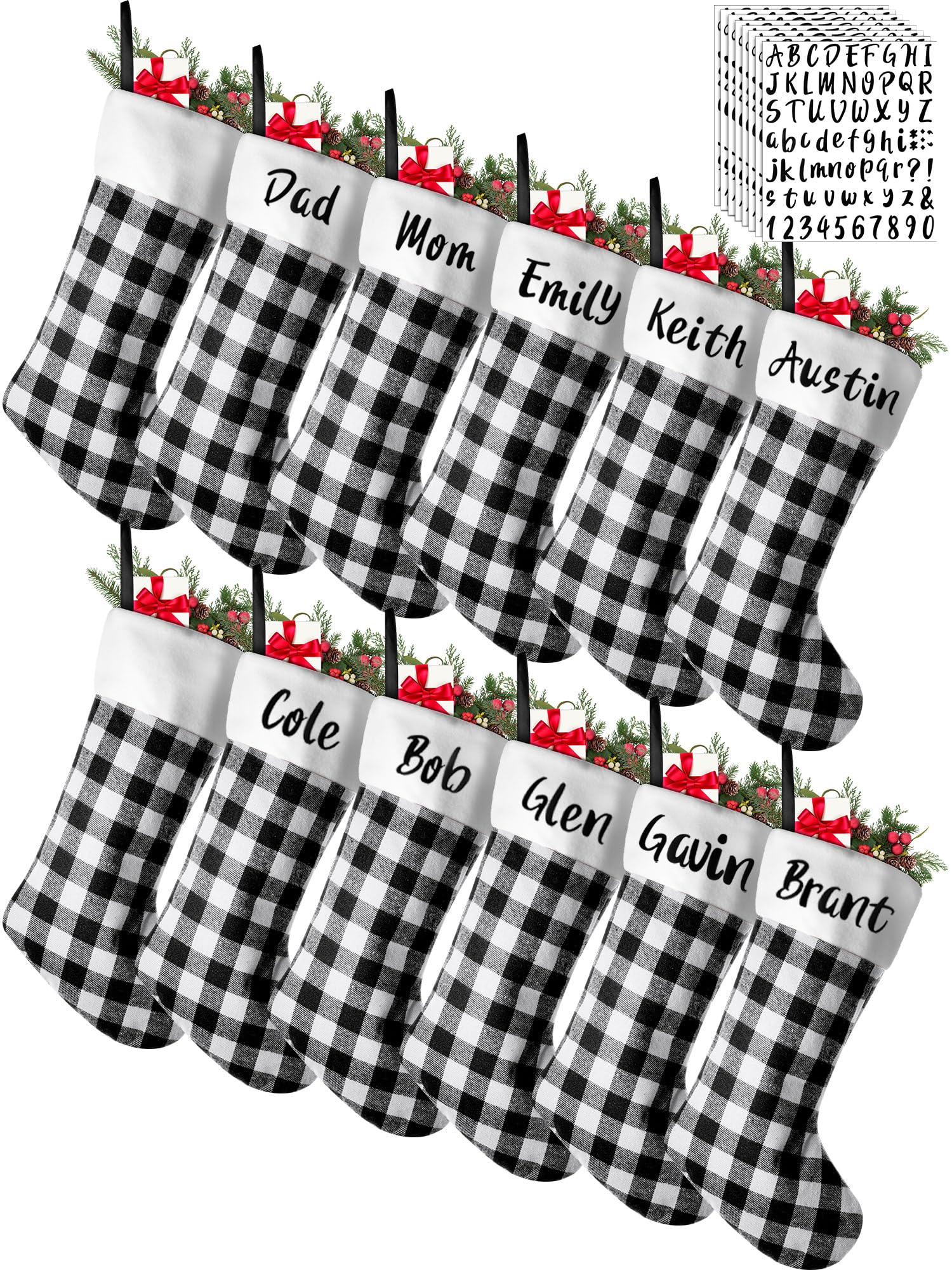 Tatuo Lot de 12 chaussettes de Noël en toile de jute de 43,2 cm, décorations de Noël à suspendre avec 4 feuilles d'autocollants en vinyle avec lettres noires (noir et blanc)
