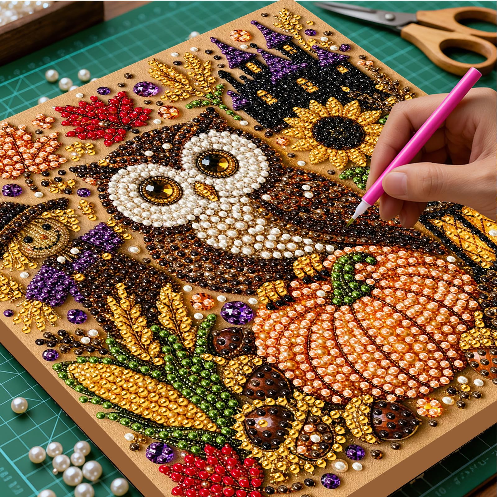Sowa dyniowa w ramce DIY zestawy do malowania perłami 20x20cm