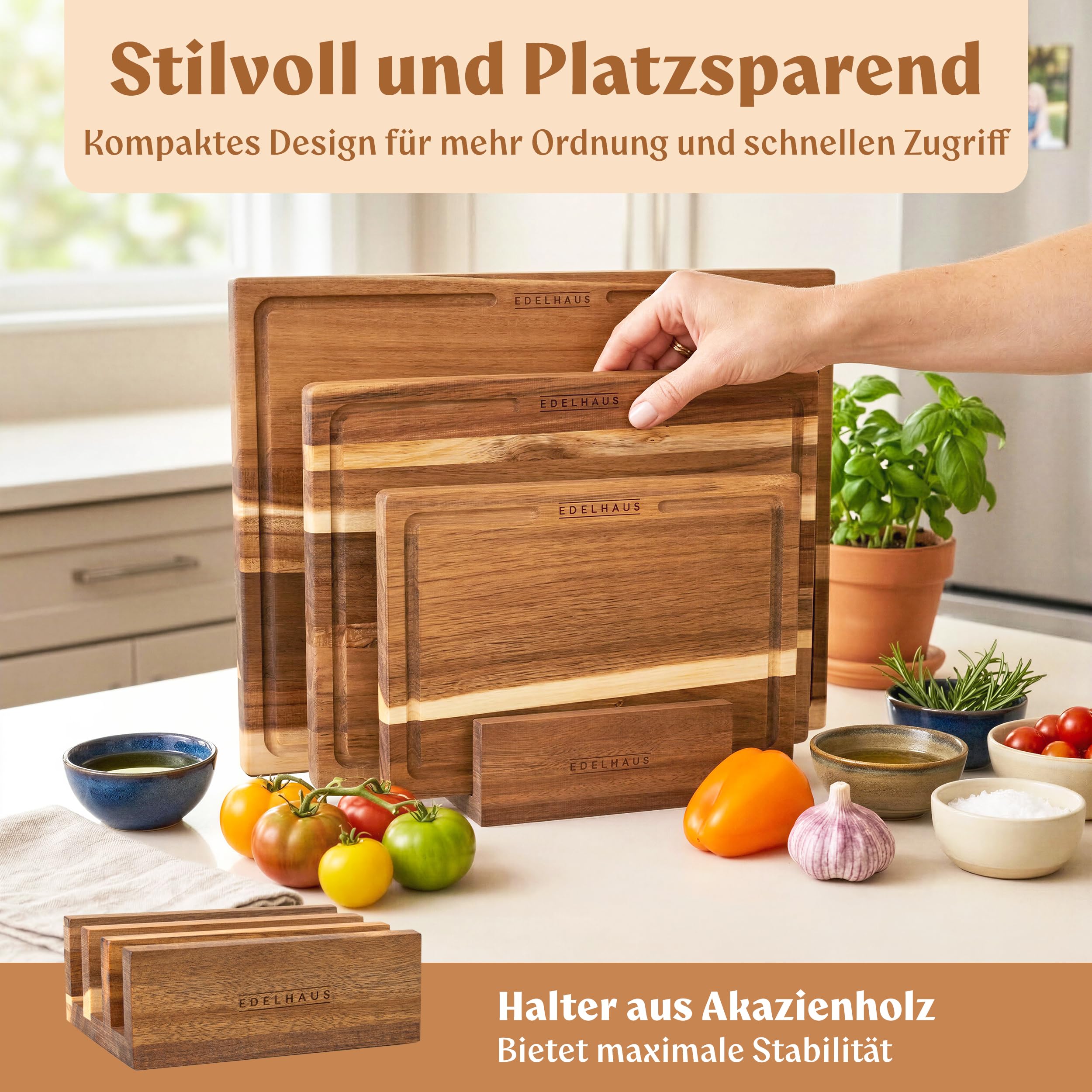 EDELHAUS Schneidebrett Holz 3er Set (40x30cm / 33x24cm / 26x18cm) Holzschneidebrett aus Massiver Akazie - 2cm dicke Holzbretter Küche mit Saftrille - Design Cutting Board Schneidbrett Set