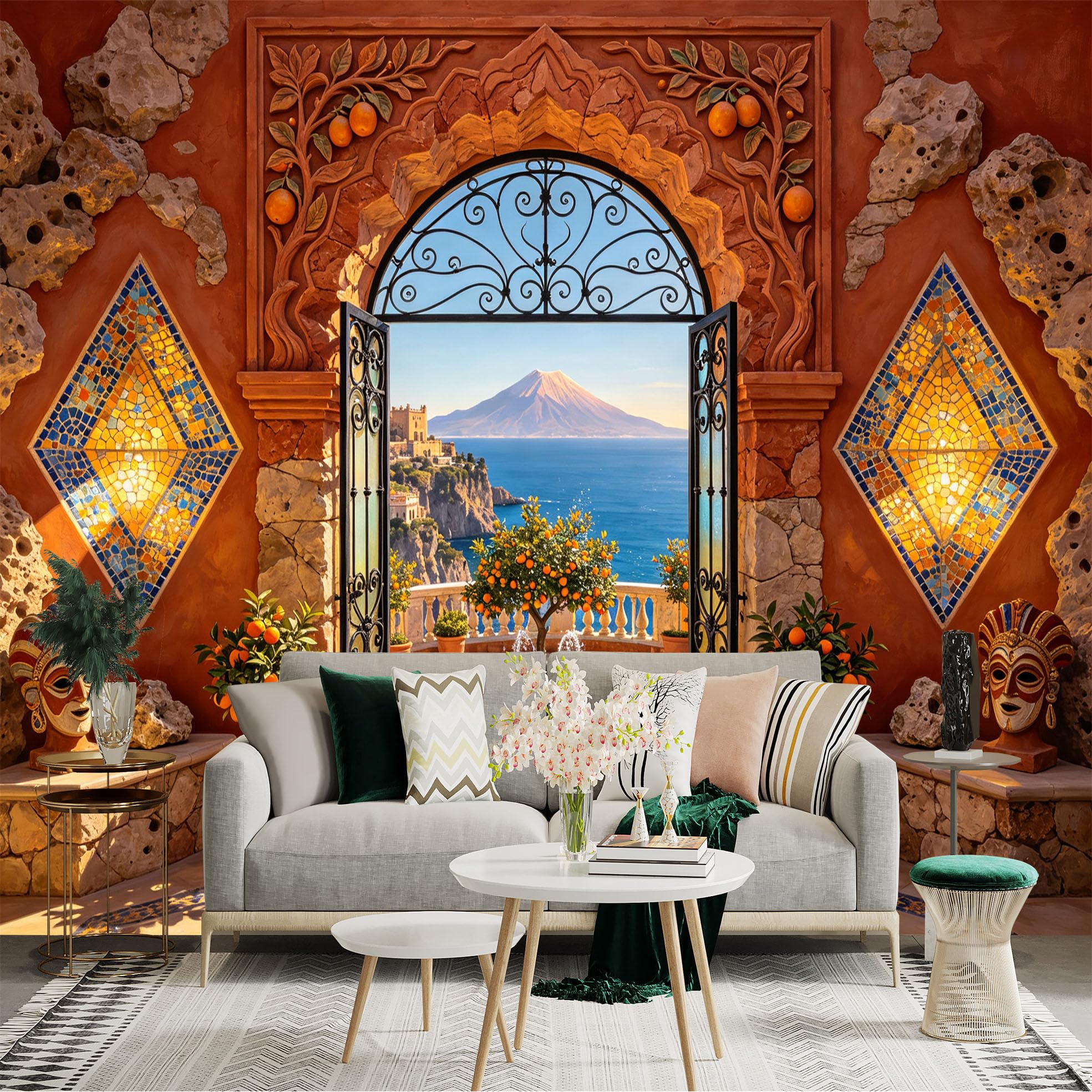 Custom Size Wall Sticker Mural， Mediterranean Courtyard with Ocean View， Arched Doorway， Citrus Trees and Fountain， for wall Decoration， peelandstick wall Decals.