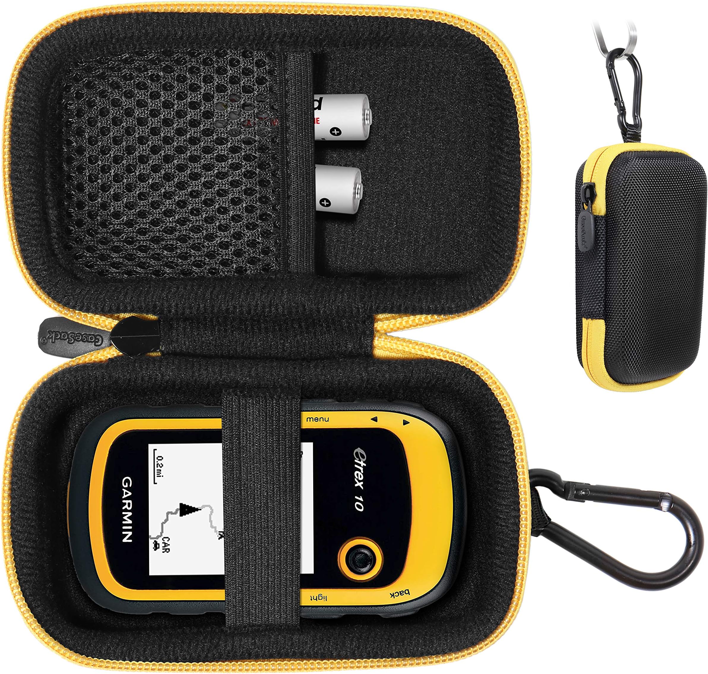 Handheld GPS Case Compatible with Garmin eTrex 10, 20, 20x, 30, 30x, 35t and Touch 35, 25, All in one Compact case for eTrex and Charger Cord, with Carabiner for Easy Carrying (Black with Yellow Zip)