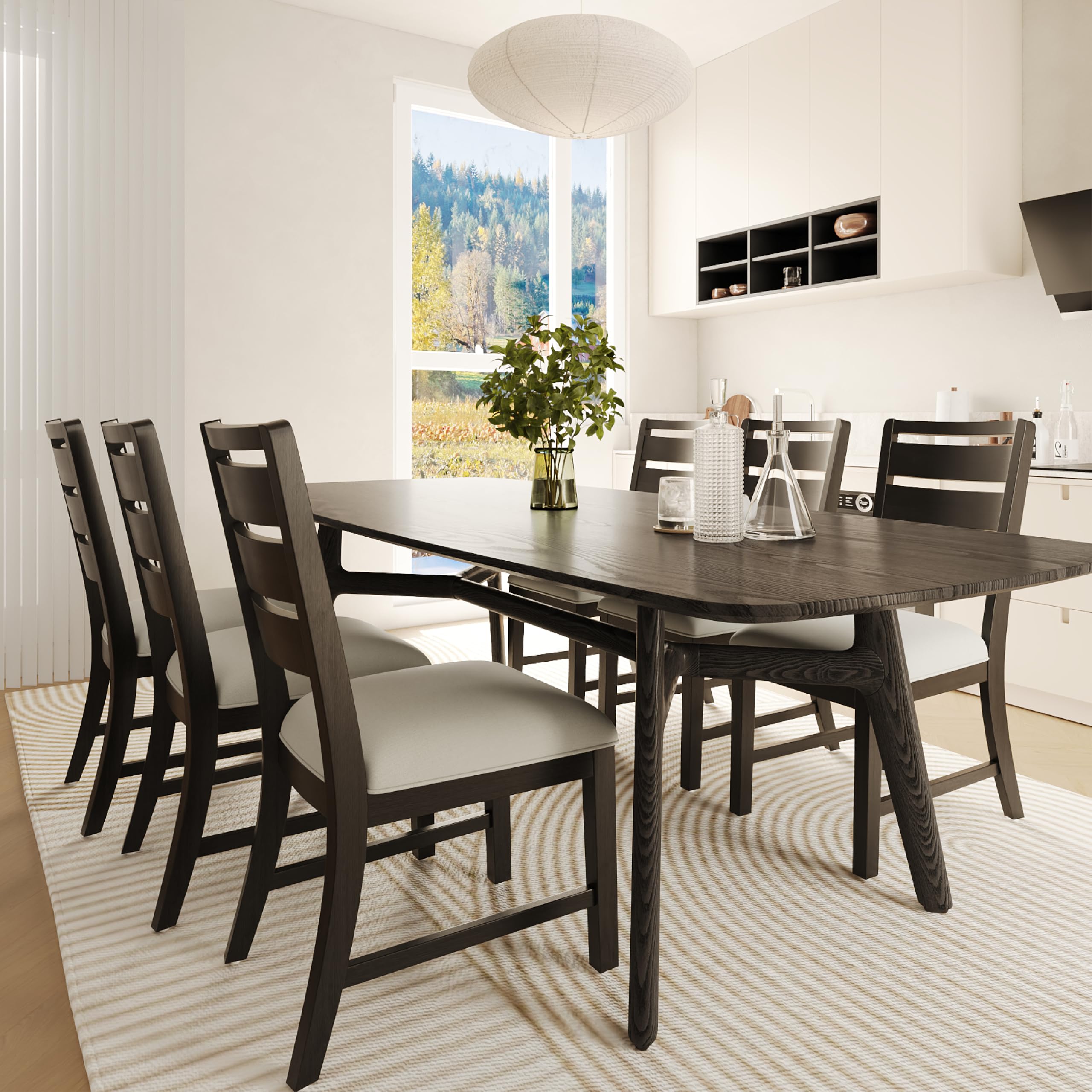 COLAMY SERA Solid Wood Dining Chair Set of 6 with Fabric Upholstered Cushion, Ladder Back Farmhouse Kitchen Chair, Modern Two-Tone Chair for Home and