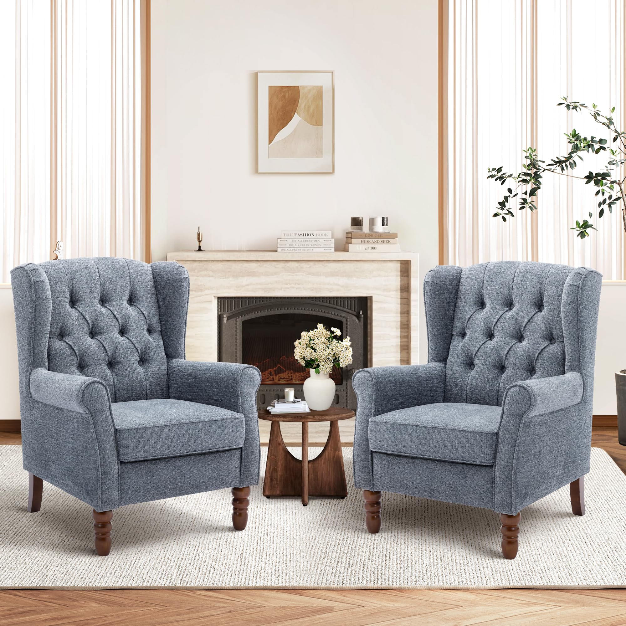 Wingback Armchair for Living Room Upholstered High Back Accent Chair with Tufted Backrest, Rolled Arms and Solid Wood Legs - Image 6