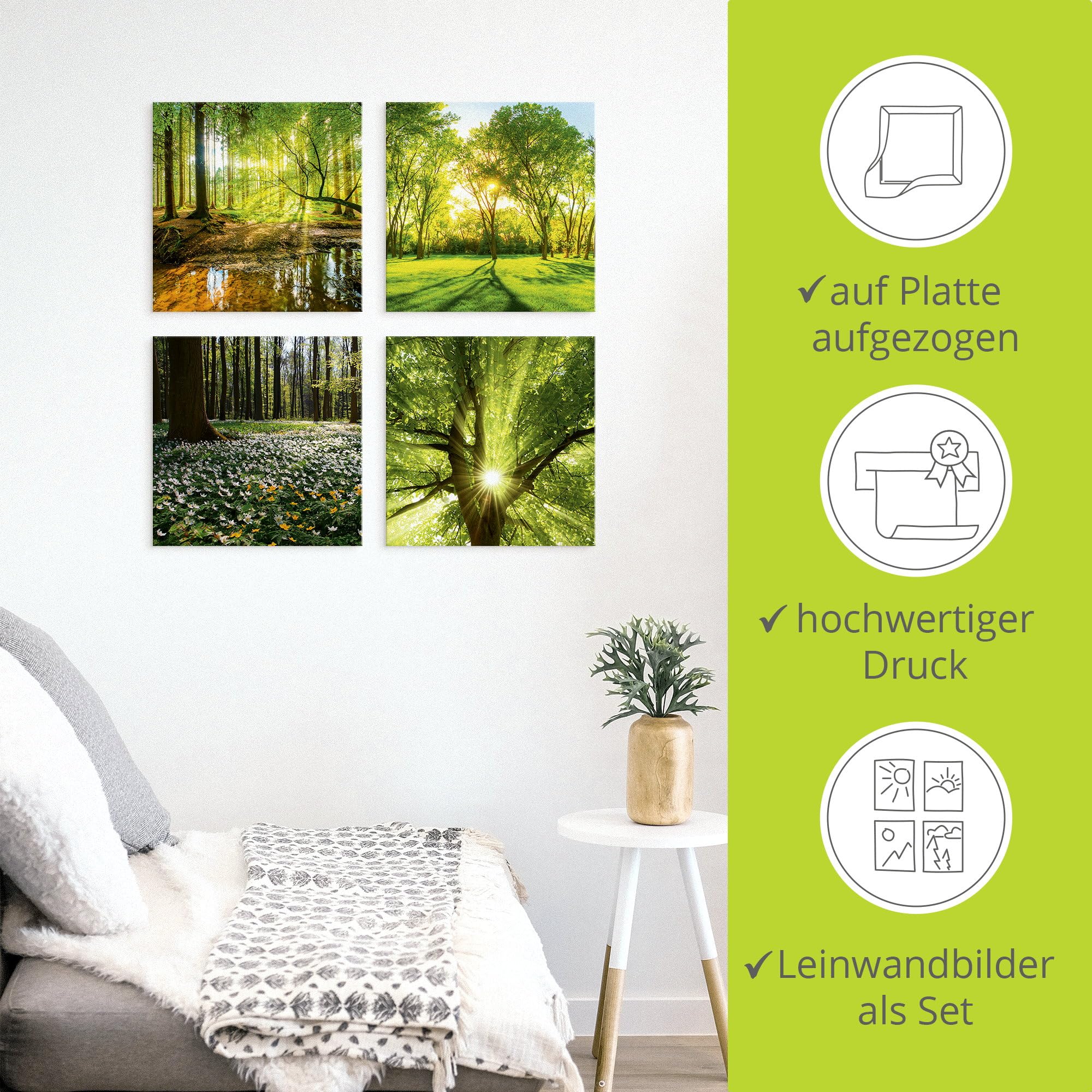 ARTLAND Wanddeko Leinwand Bilder Natur Set 4 tlg. je 40x40 cm Quadratisch Wandbilder Landschaft Wald Bach Frühling Sonne Baum K2FR