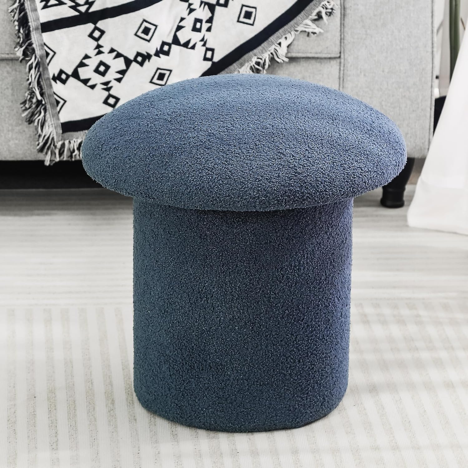 Homebeez Faux Teddy Fur Mushroom Shape Ottoman, 17.5" x 17.5" x 18.1" Foot Stool Footrest for Living Room Bedroom, Blue