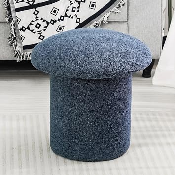 Homebeez Faux Teddy Fur Mushroom Shape Ottoman, 17.5" x 17.5" x 18.1" Foot Stool Footrest for Living Room Bedroom, Blue