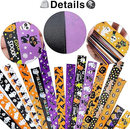 Miniatura 3 de Bimkole Cinta de grogrén de Halloween de 30 yardas, borde con alambre, diseño de araña, calabaza, calavera, fantasma, mago, murciélago, 1 pulgada,