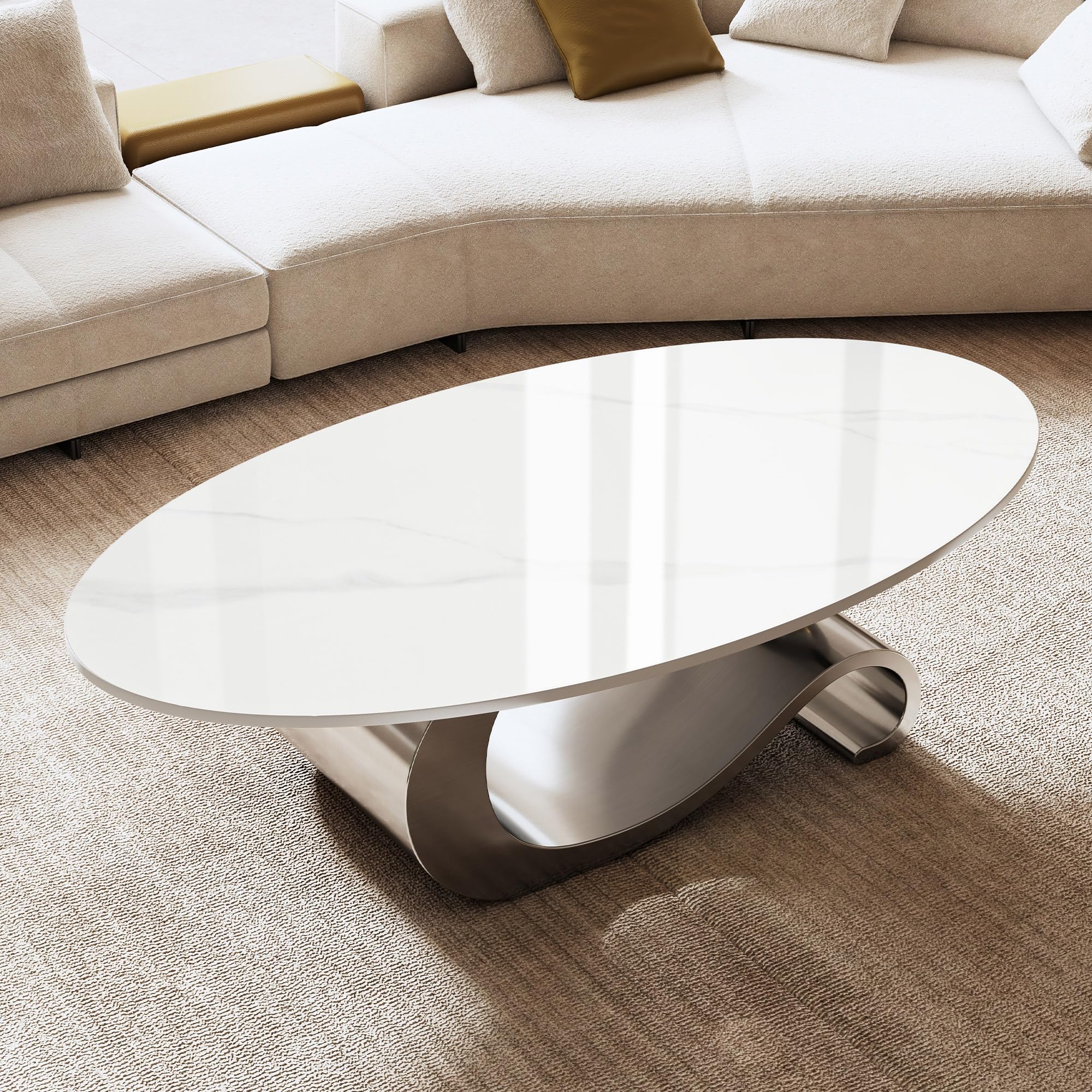 Modern Coffee Table with Gold Stainless Steel Pedestal,Oval
