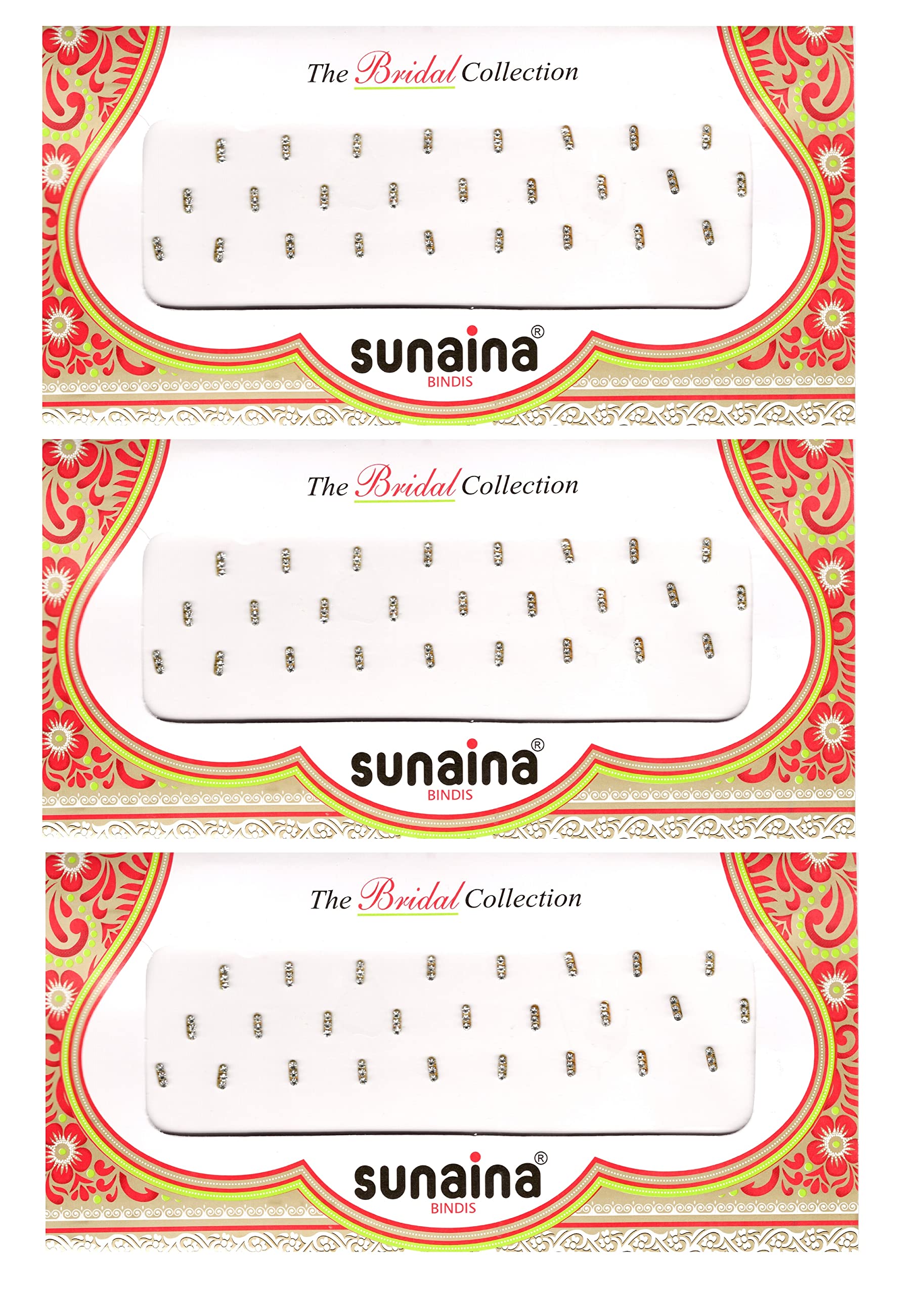 SUNAINAGolden/Silver/White Stick Bindis with Silver Shiny Stones Tikka Bindi for Women & Girls (3-Stone, Golden)