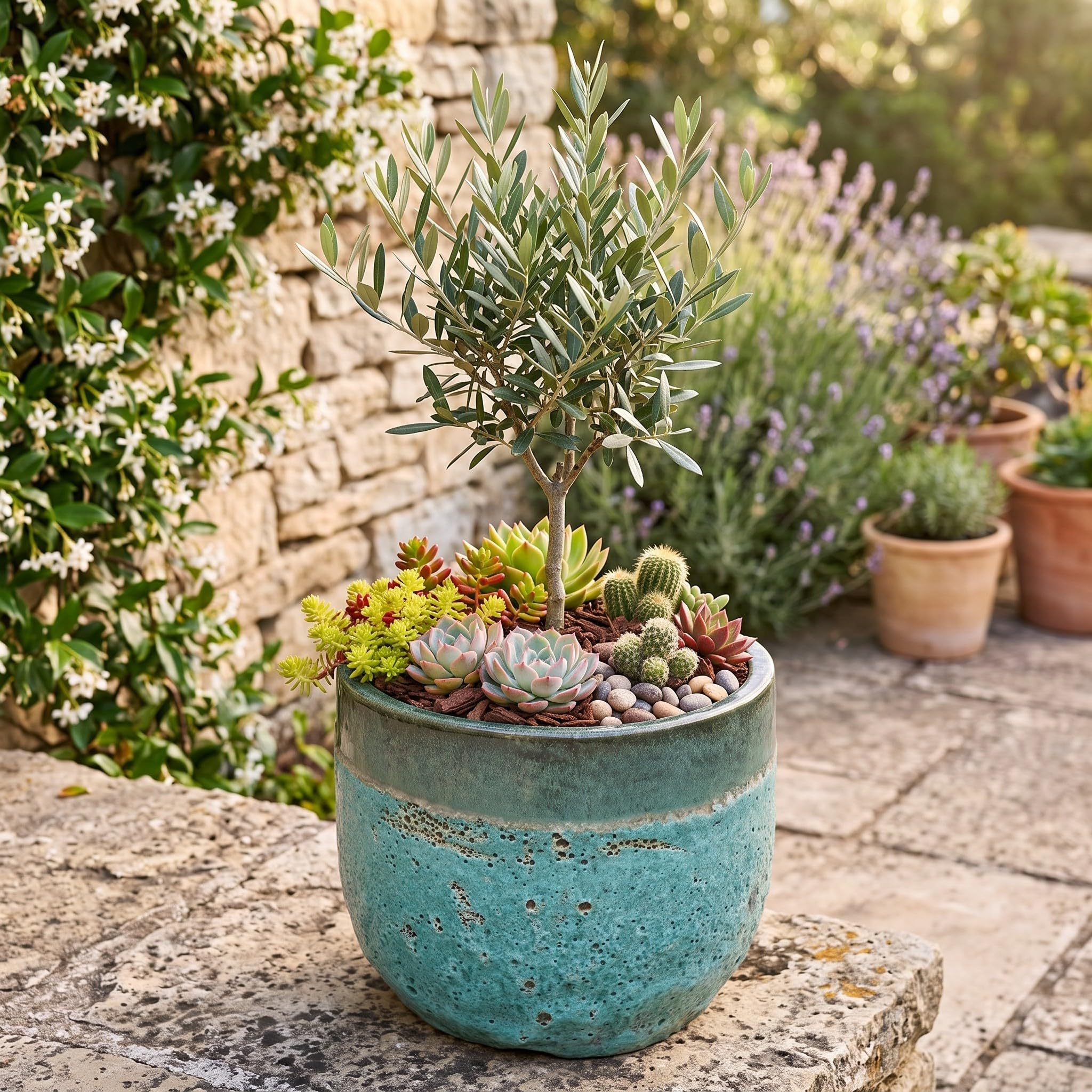 Teramico Vaso per piante in ceramica (verde/turchese) con foro di scarico, resistente al gelo, per interni ed esterni, smaltato strutturato, in gres porcellanato di alta qualità (38 cm x 30 cm)