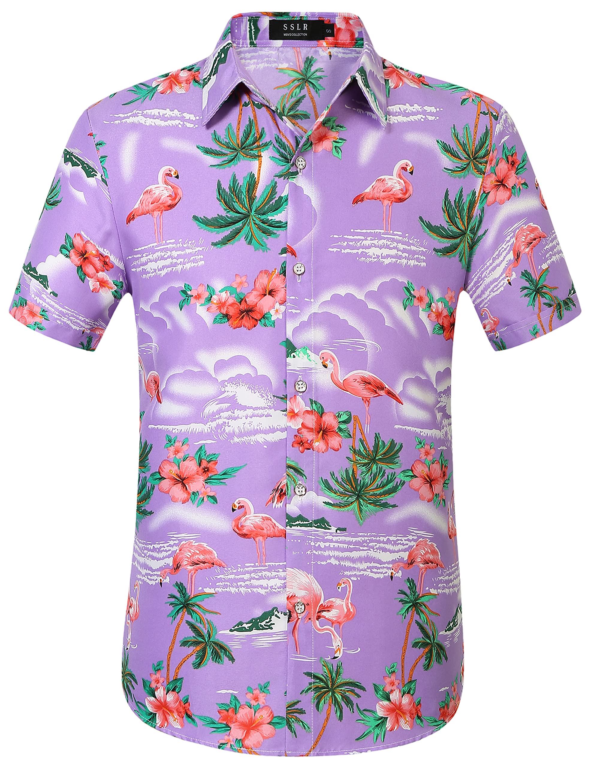 SSLR Camisa Manga Corta con Estampado de Flamencos y Flores Estilo Hawaiana de Hombre