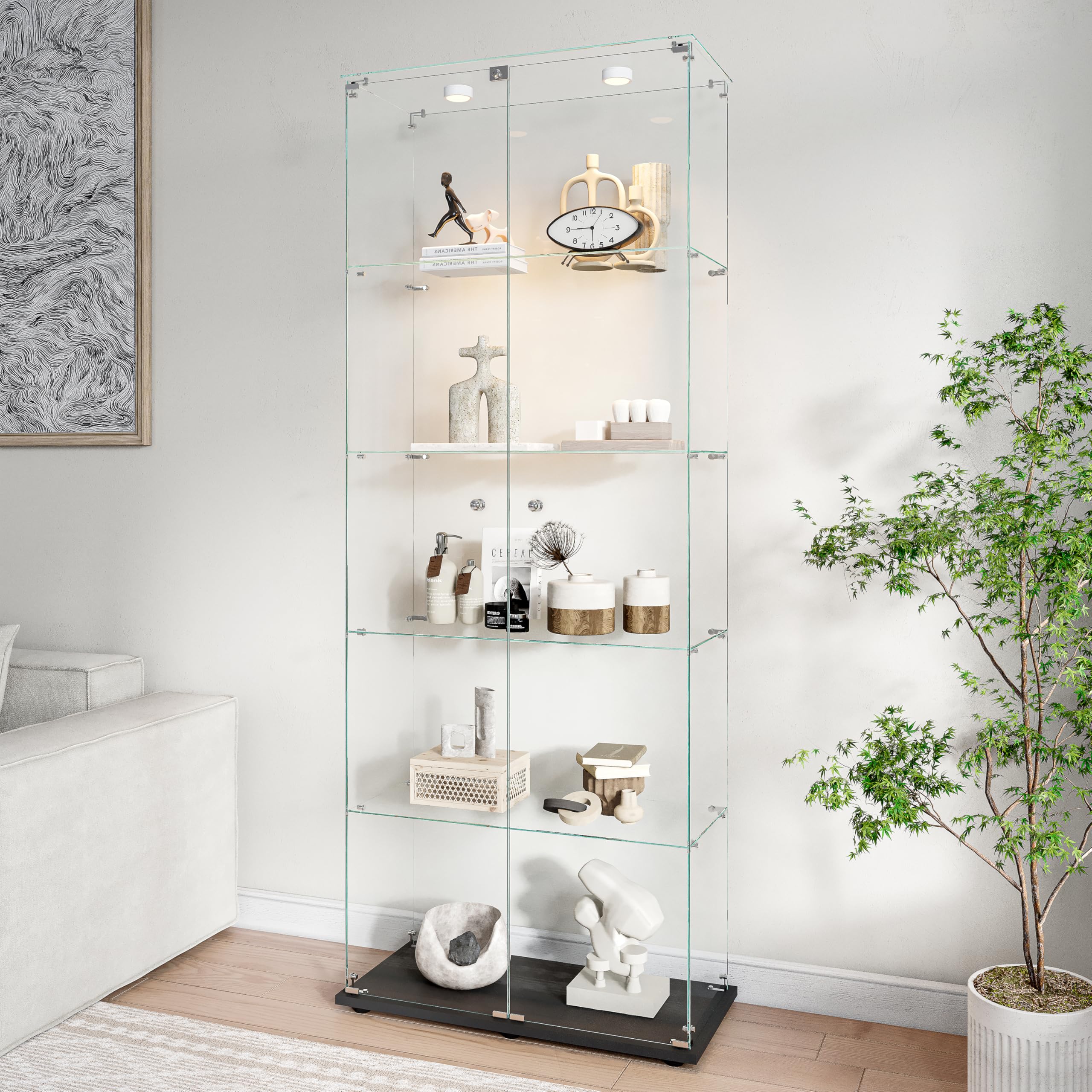 Vitrina de cristal con 2 puertas 5 estantería, mueble vitrina de cristal LED con cerradura, armario de cristal, vitrina de cristal con portavitrinas a pie para colecciónescaparate columna