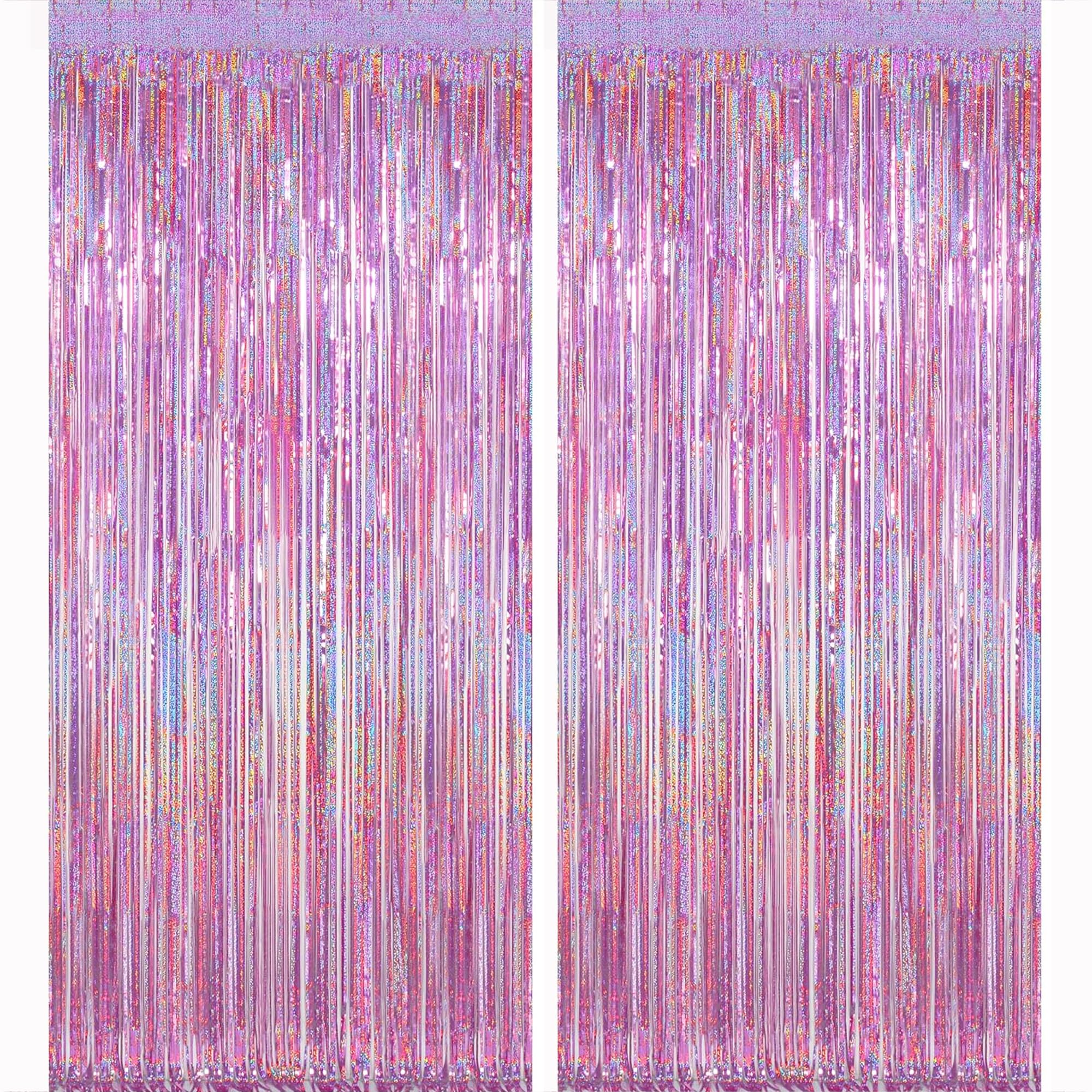 Pink Glitter Metallic Tinsel Foil Fringe Curtains Backdrop Streamers, 2Pcs