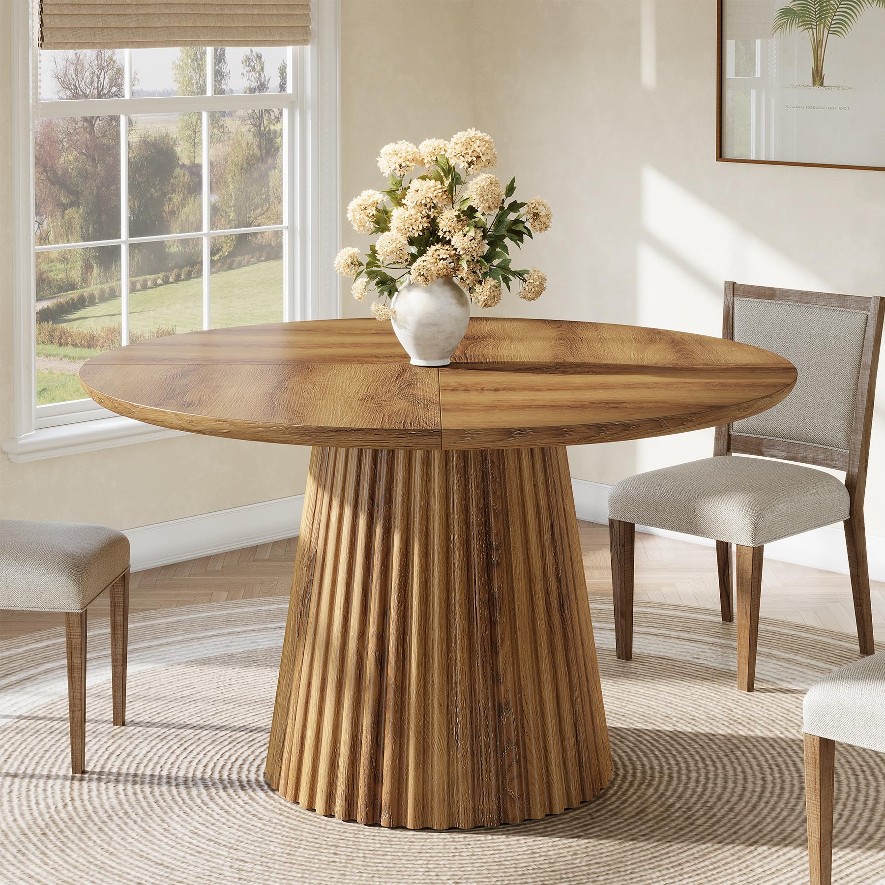 Tribesigns Mesa de Comedor Redonda de 120 cm para 4-6 Personas, Mesa de Cocina rústica de Madera con Base Acanalada para Comedor, Cocina o salón.