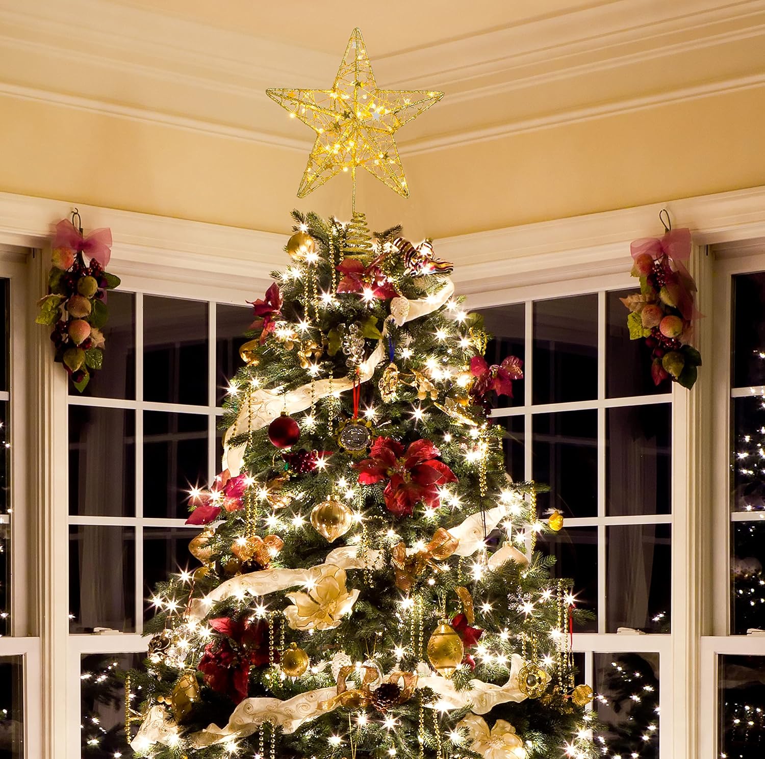 Christmas Tree Topper Star LED Lights Star Treetop Battery Operated Christmas Decorations Xmas Décor (Gold)