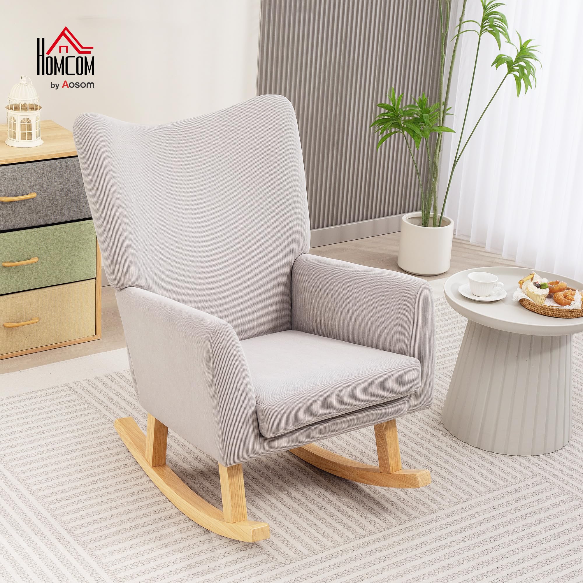 HOMCOM Schaukelstuhl Schaukelsessel mit hoher Rückenlehne, Cord-Optik, Schwingsessel Sessel Relaxsessel mit breite Armlehne, Holzkufen, Stillsessel für Wohnzimmer, Schlafzimmer, Balkon Hellgrau