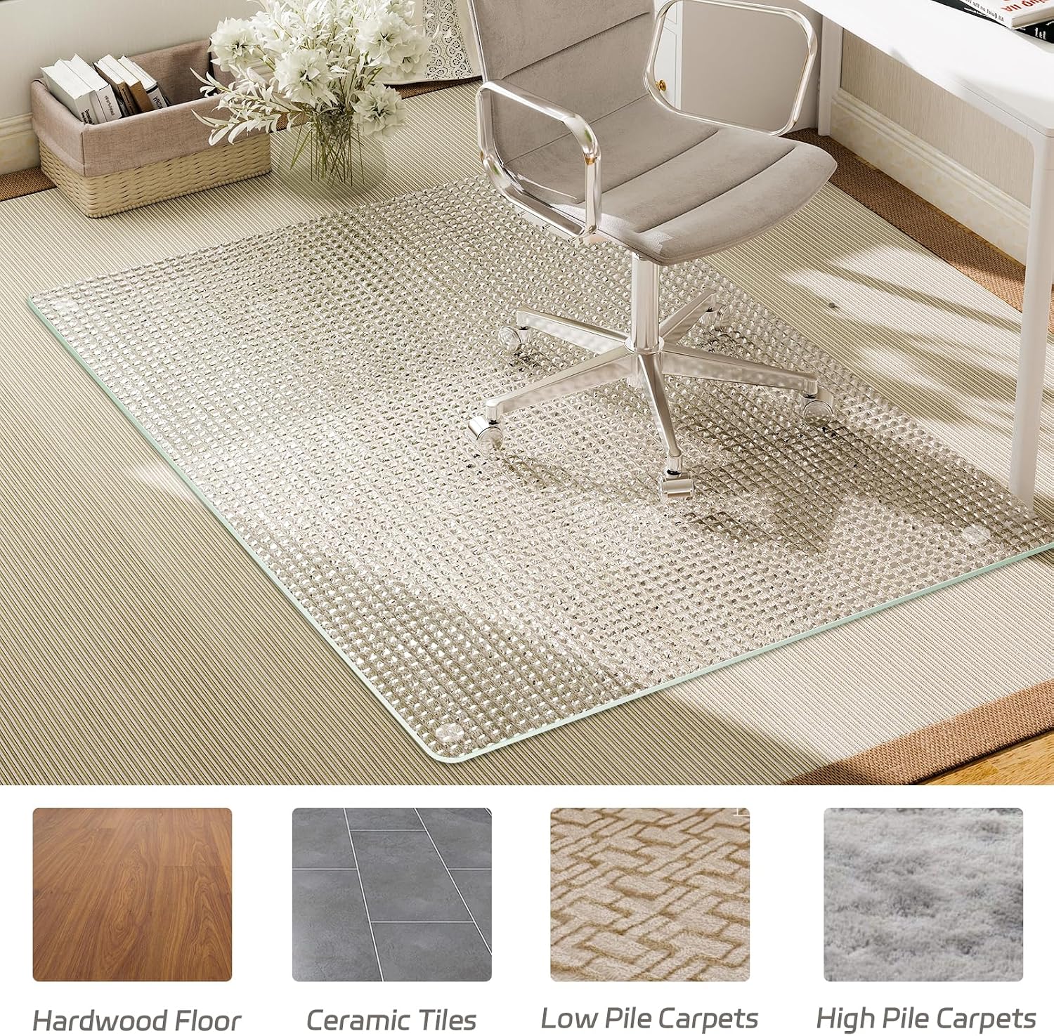 GLSLAND 46"x55" Tempered Glass Chair Mat – Checkered Patterned Heavy Duty Floor Mats Protector for Hardwood Floors & Carpet, Decorative Home and Office Desk