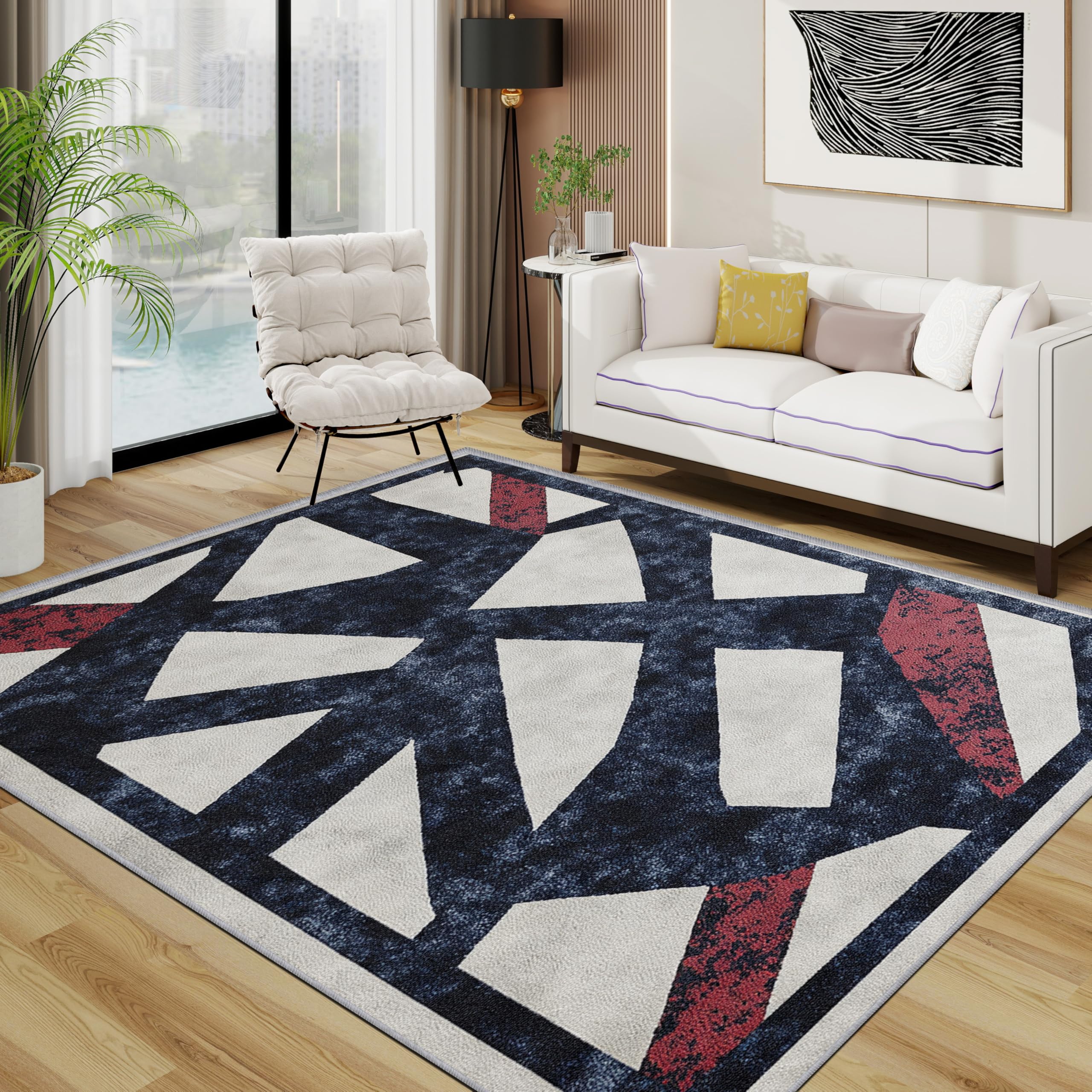 TerroVee Geometric Area Rugs for Living Room 120x120 - Modern Abstract Triangular Rug for Bedroom, Contemporary Stylish Non Slip Washable Short Pile Carpet, Geometric Room Decor