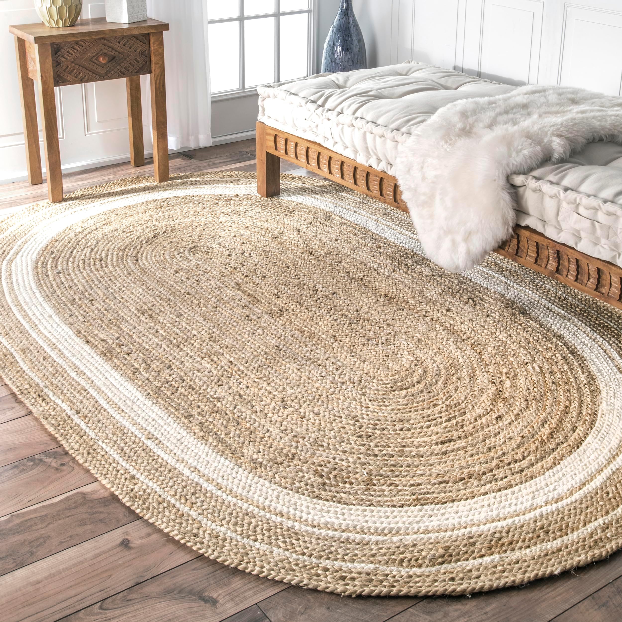 Nuloom Rikki Off-White/Natural, 3' x 5' Oval, Coastal Braided, Jute, Soft and Textured, High Traffic, Stain Resistant, Easy Clean, Durable Area Rug for Bedroom, Living Room, Dining, Foyer, Entryway
