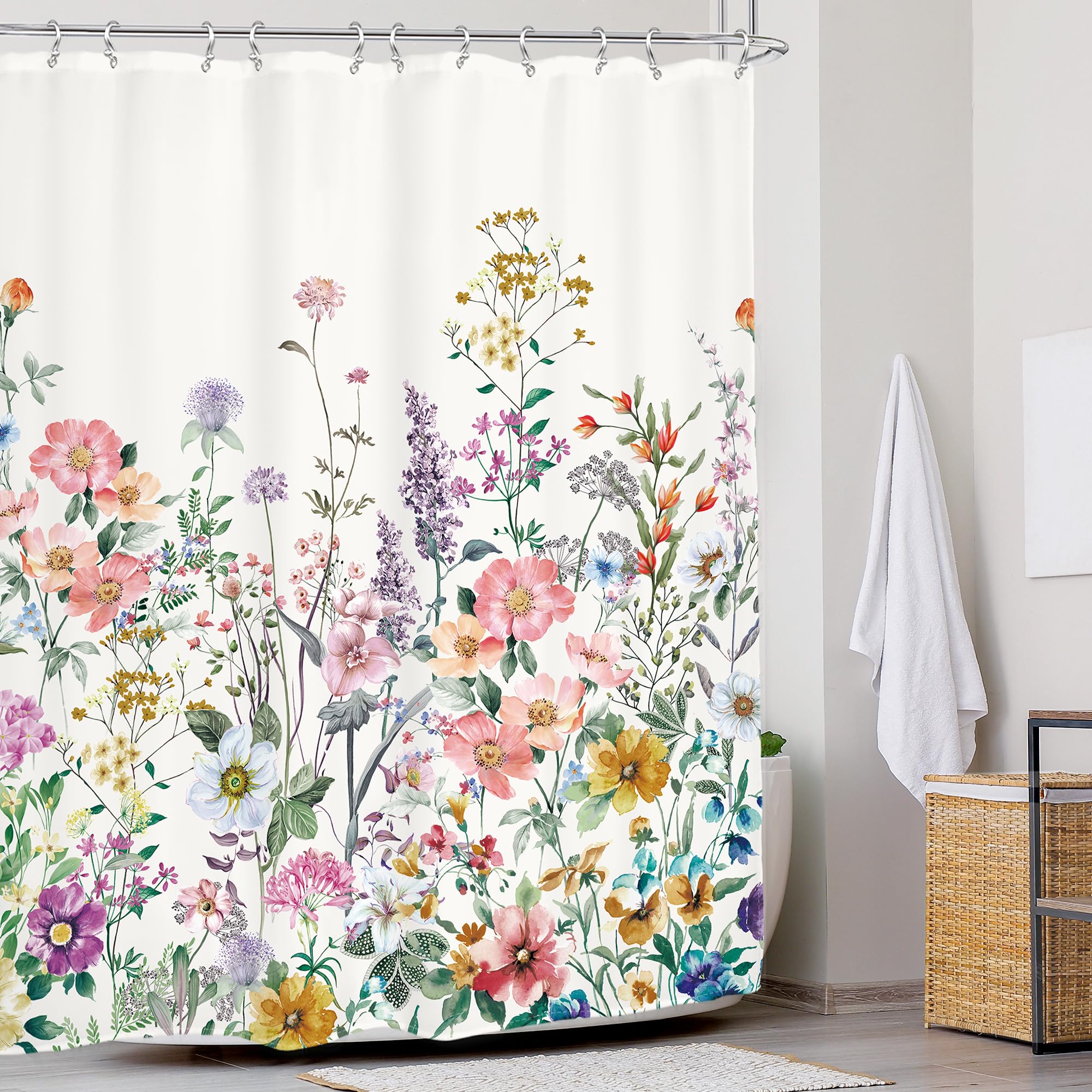 Glawry Spring Cool Wildflowers Shower Curtain 60Wx72L Inches Watercolor Lavender Purple Lilac Floral Green Leaf Botanical Bathroom Plants Nature Bath Accessories Art Home Decor Fabric 12 Pack Hooks