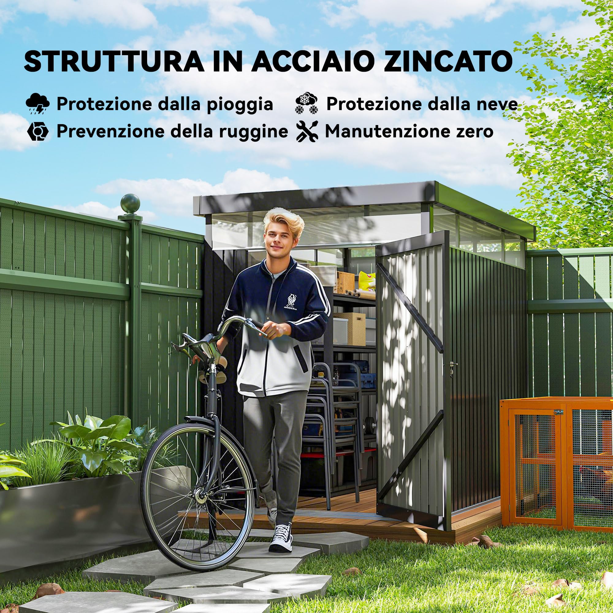 Outsunny Casetta da Giardino 4m² Acciaio Zincato con Fori di Drenaggio Finestre Trasparenti Acrilico Capanno Porta Attrezzi Tetto Grigio Scuro