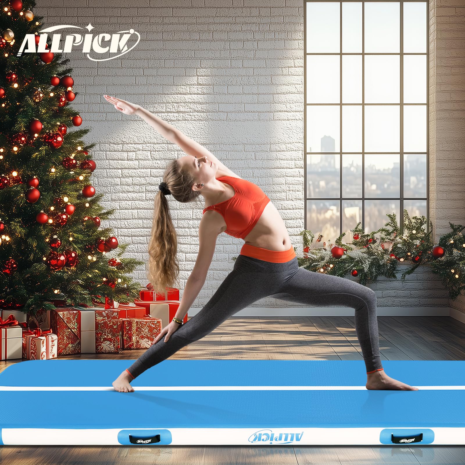 ALLPICK Tappetino da ginnastica gonfiabile con pompa ad aria elettrica, lunghezza 3/4/5/6 m, altezza 10/20 cm, design double face, gonfiabile, per ginnastica, yoga