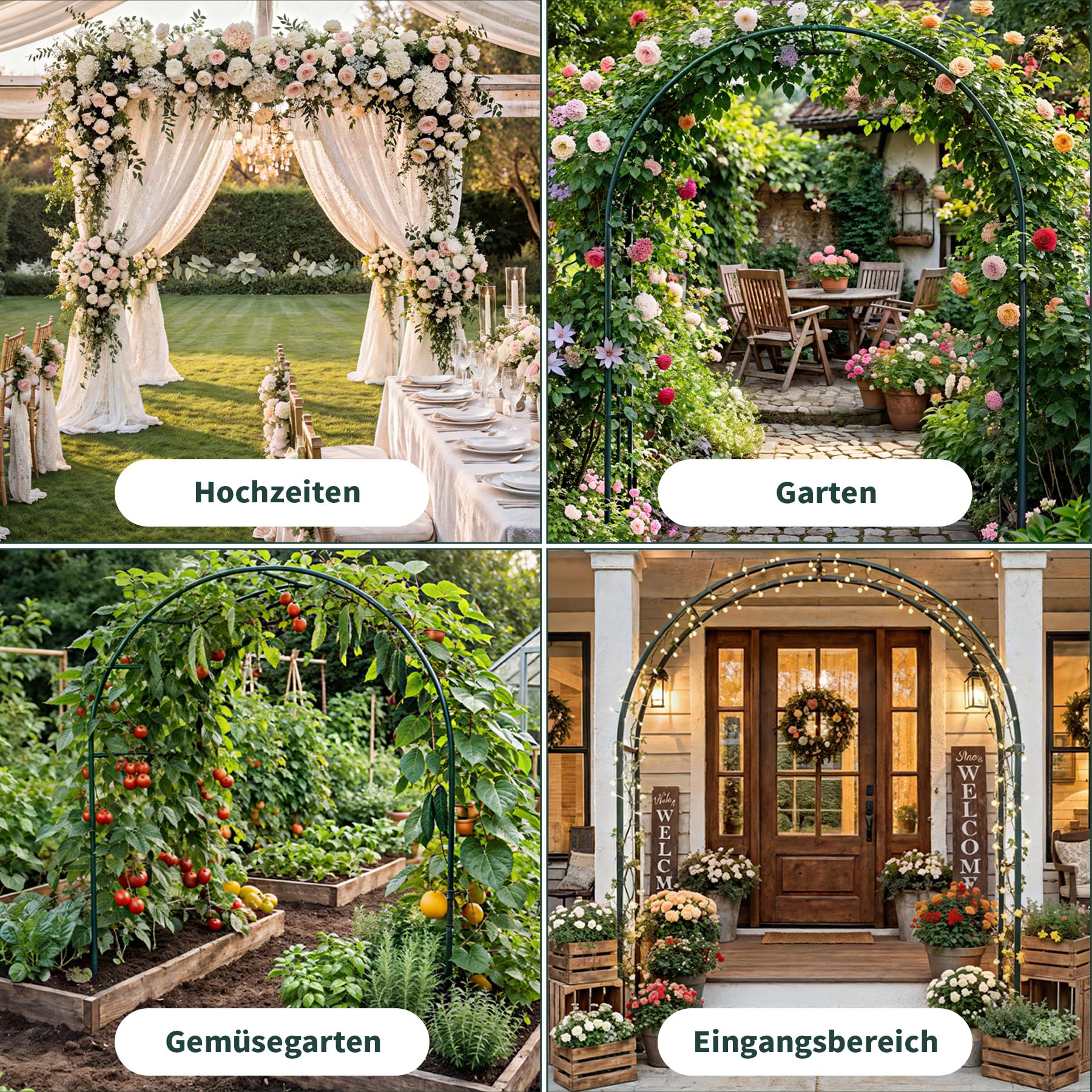 Rosenbogen aus Metall Stabil Gartenbogen mit Abnehmbarer Basis,Garden Arch Gartenbogen Rankgitter Metall 230 x 180 x 38 cm für Geburtstage Hochzeiten Romantische Abend