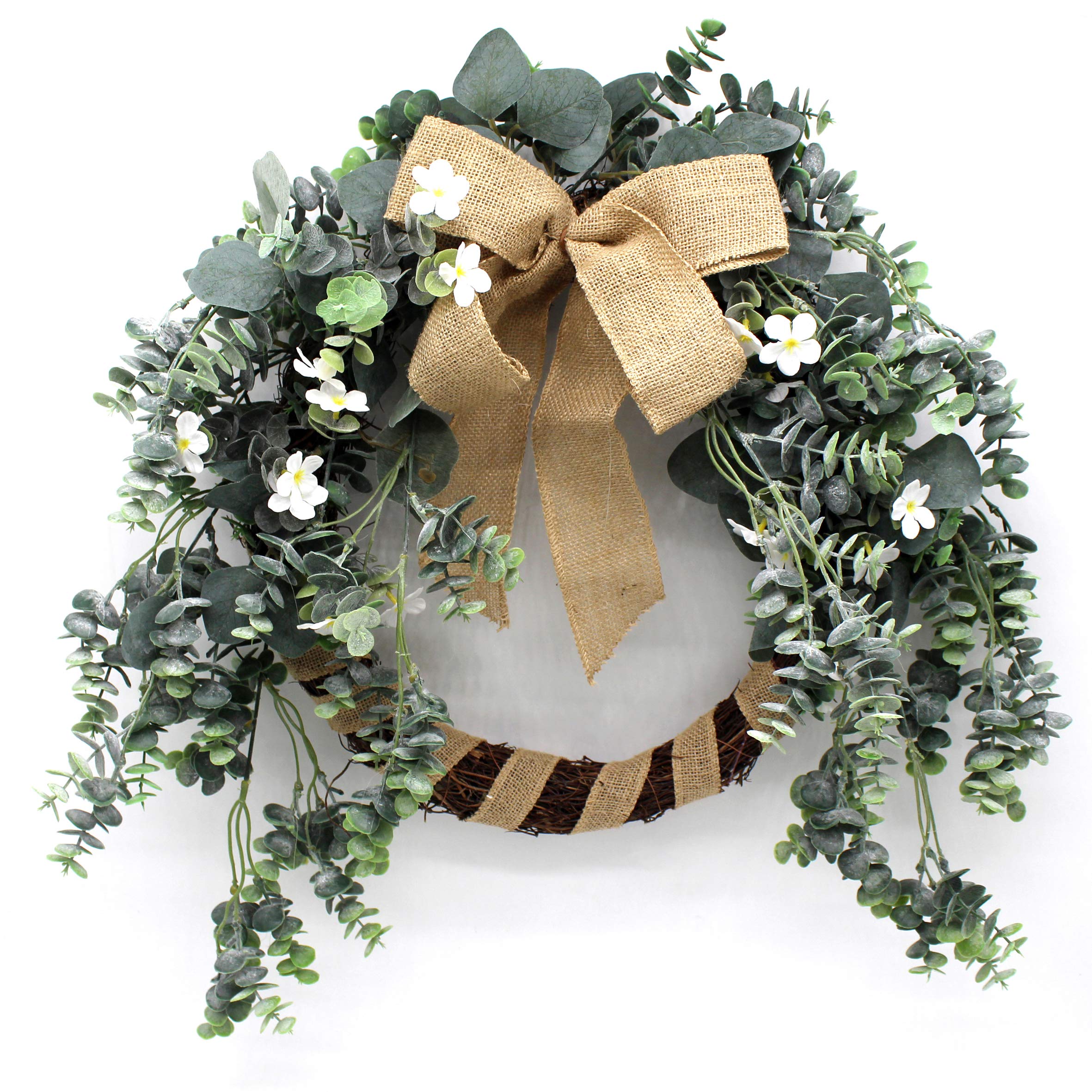 CVHOMEDECO. Primitive 22 Inch Artificial Frosted Eucalyptus Leaves Wreath with Burlap Bow Knot, Thanksgiving Christmas New Year Festival Wreath for Front Door and Home Decor.