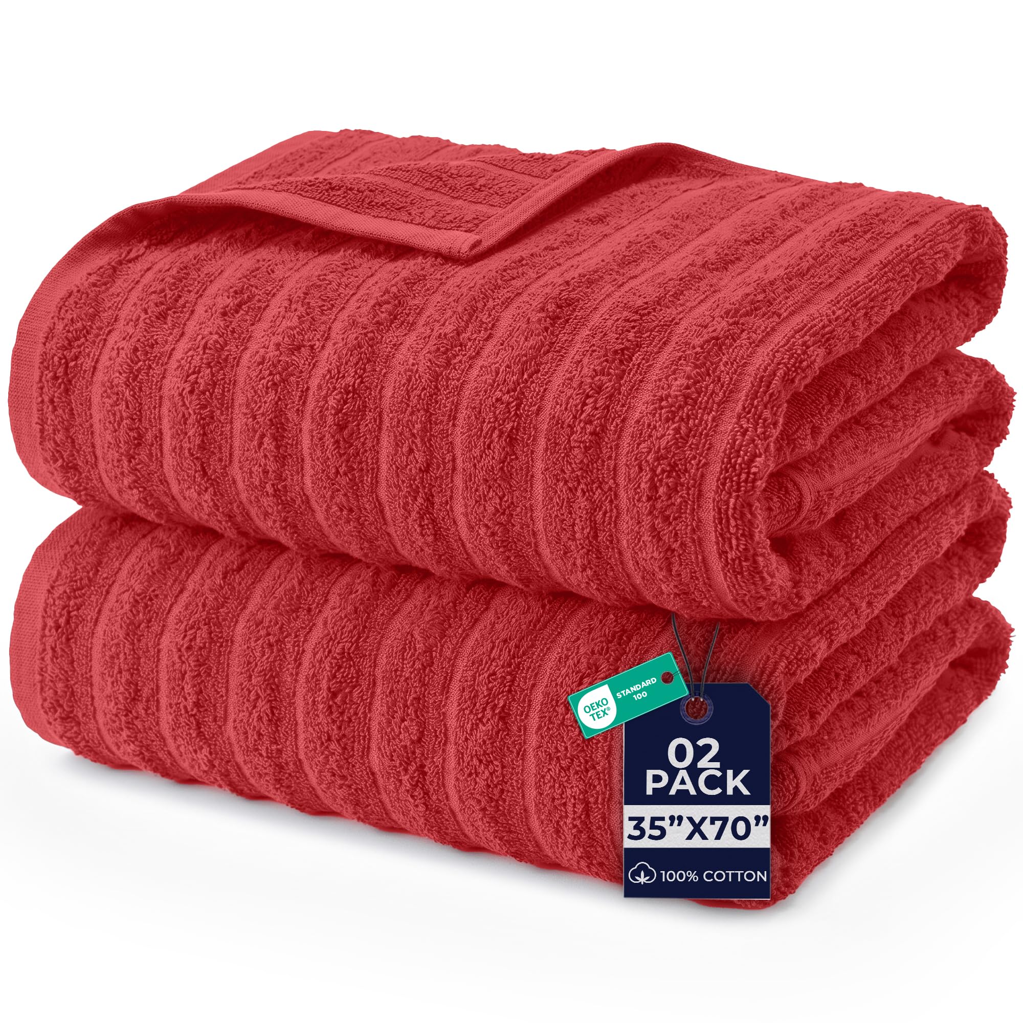 DAN RIVER Ribbed Extra Large Bath Sheets Pack of 2, 35 x 70 Inches, Red