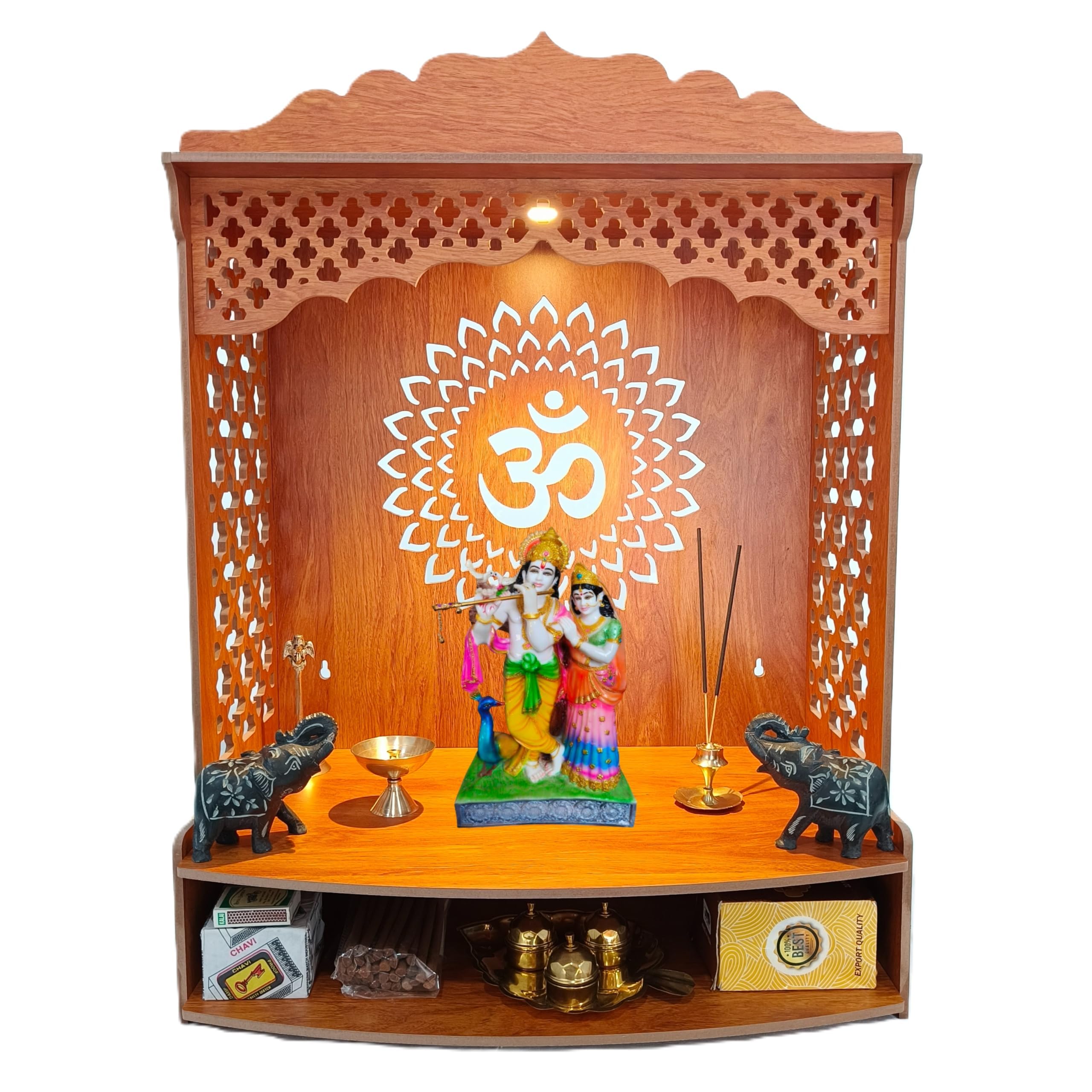 Premium Wooden Temple | MDF Pooja MANDIR for Home and Office use with LED SPOT Light | Engineered Wood Pooja Stand with Storage Shelves | Size - H 25 x L 18.5 x W 12 inch | S18