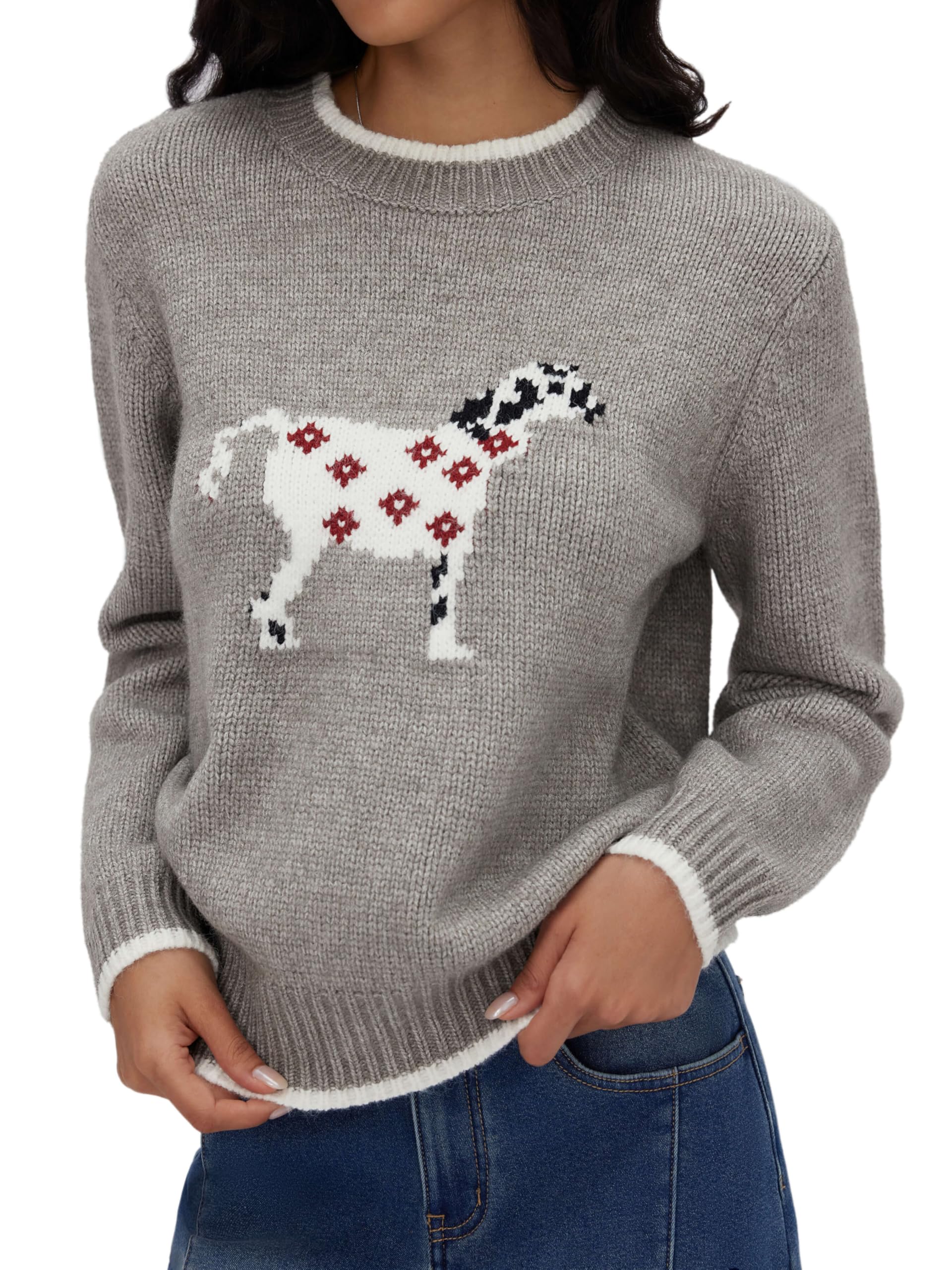 CIDER Damen-Pullover für den Herbst, langärmelig, niedlich, Bären-Grafik, Rundhalsausschnitt, weicher Strick, lässiger Cropped-Pullover