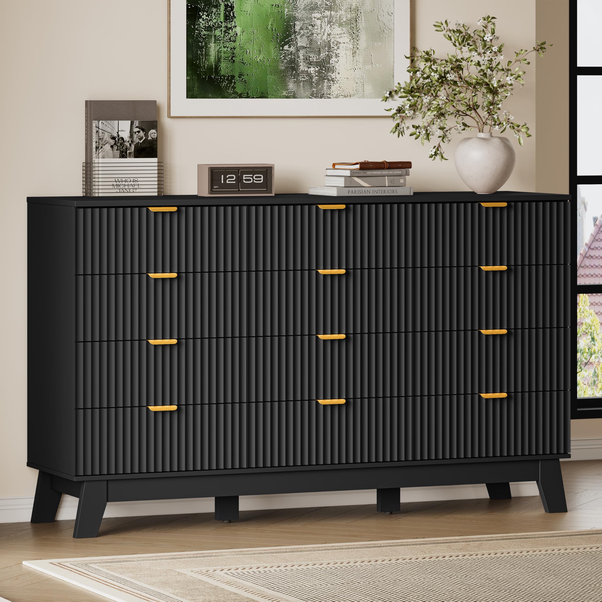 BORNOON 57 Inch Wide Dresser with Fluted Drawer Fronts in Timeless Noir Finish