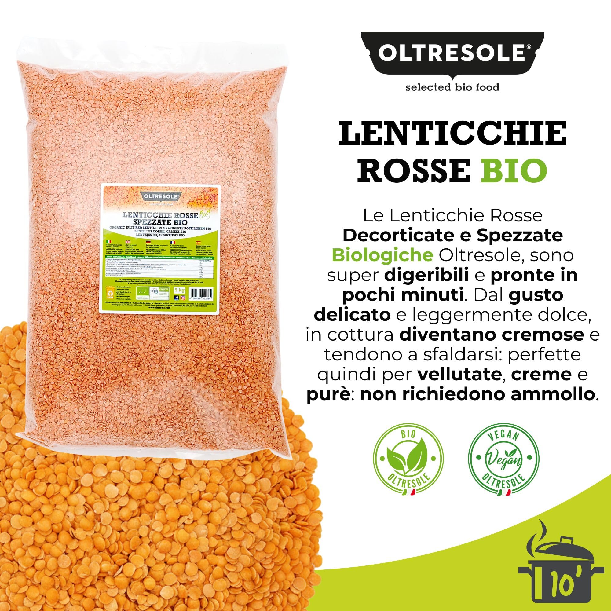 Oltresole, Lentilles rouges fendues biologiques 5 Kg, Légumineuses séchées biologiques, décortiquées et fendues, pas de trempage nécessaire, source de protéines et de fibres, format pratique