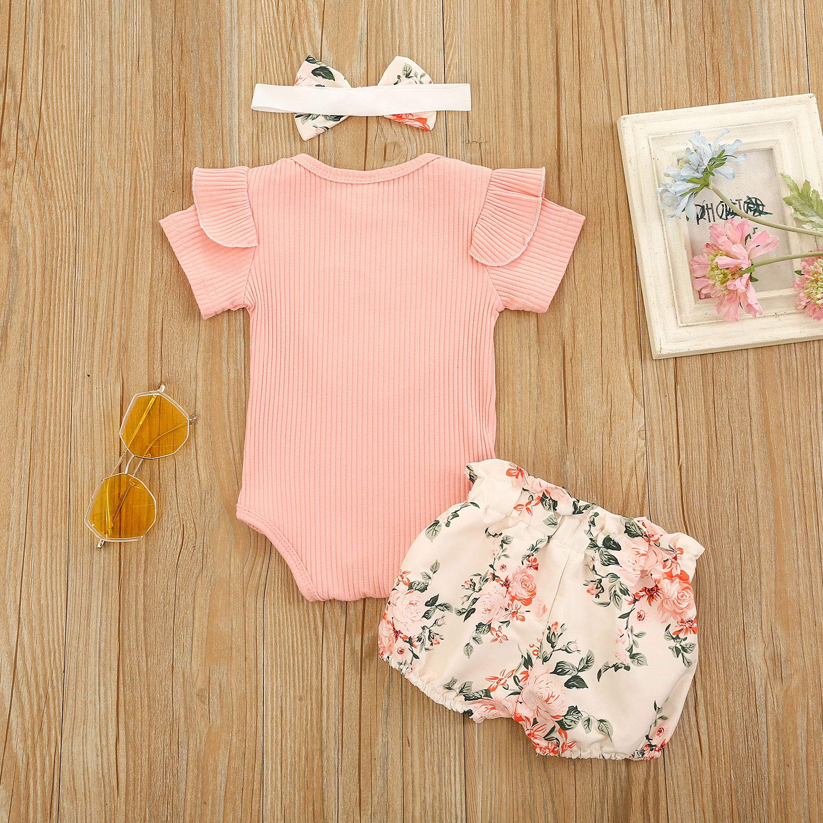 Geagodelia Ensemble 3 pièces pour bébé fille - Body à manches courtes + short à fleurs + bandeau - Nouveau-né - Doux - Été