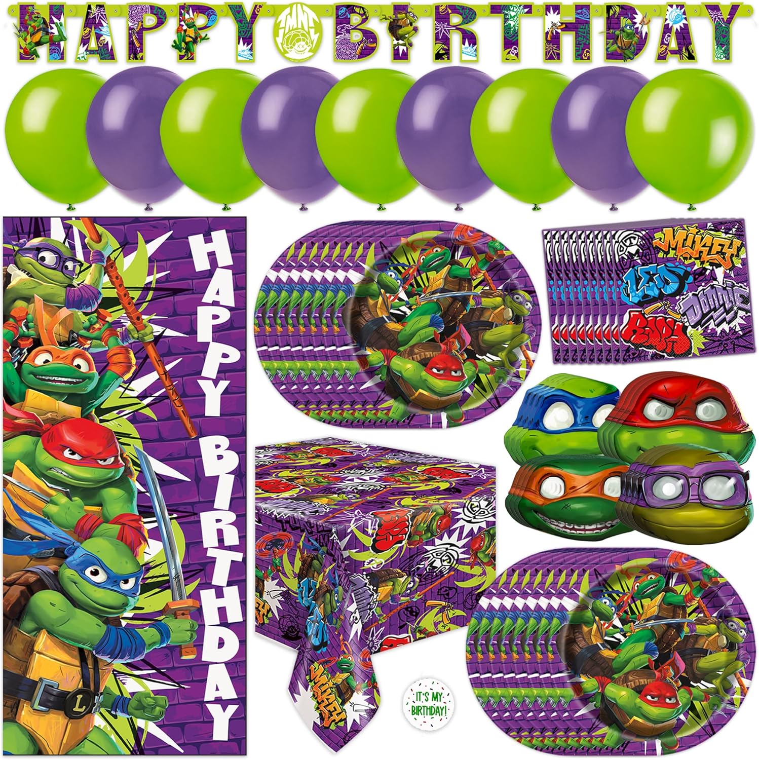 Teenage Mutant Ninja Turtle Birthday Decorations for Party | Serves 16 Guests | Balloons, Banner, Tablecloth, Masks, Plates, Napkins, Door Poster Backdrop | Officially Licensed