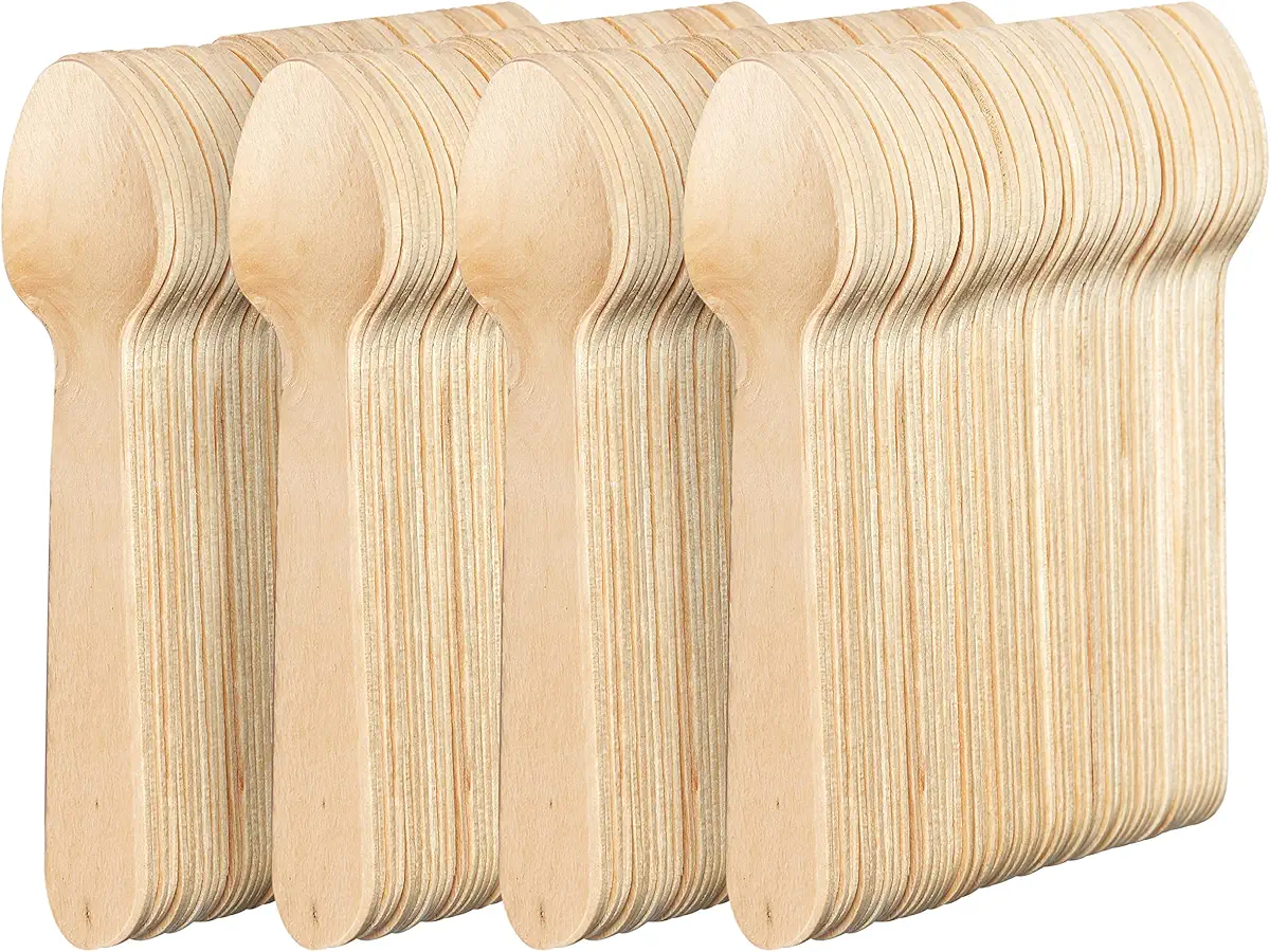 MATANA - 100% Natural Disposable Bamboo Wooden Spoons 5.5&#34; Inch (200 Pack) - Compostable Cutlery, Biodegradable Utensils for Garden Parties &amp; Summer Events