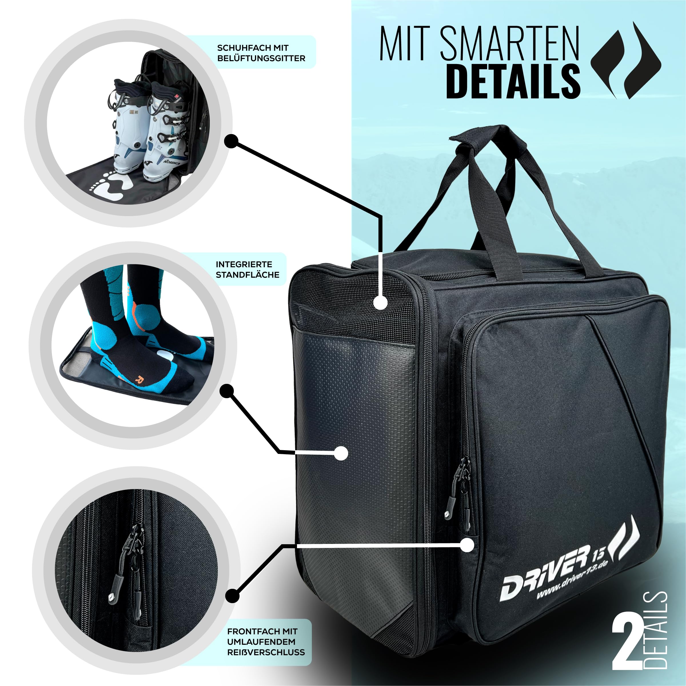 Driver13 Skistiefelrucksack mit Helmfach, Bootbag Rucksack für Skischuhe und Snowboardboots (Varianten)