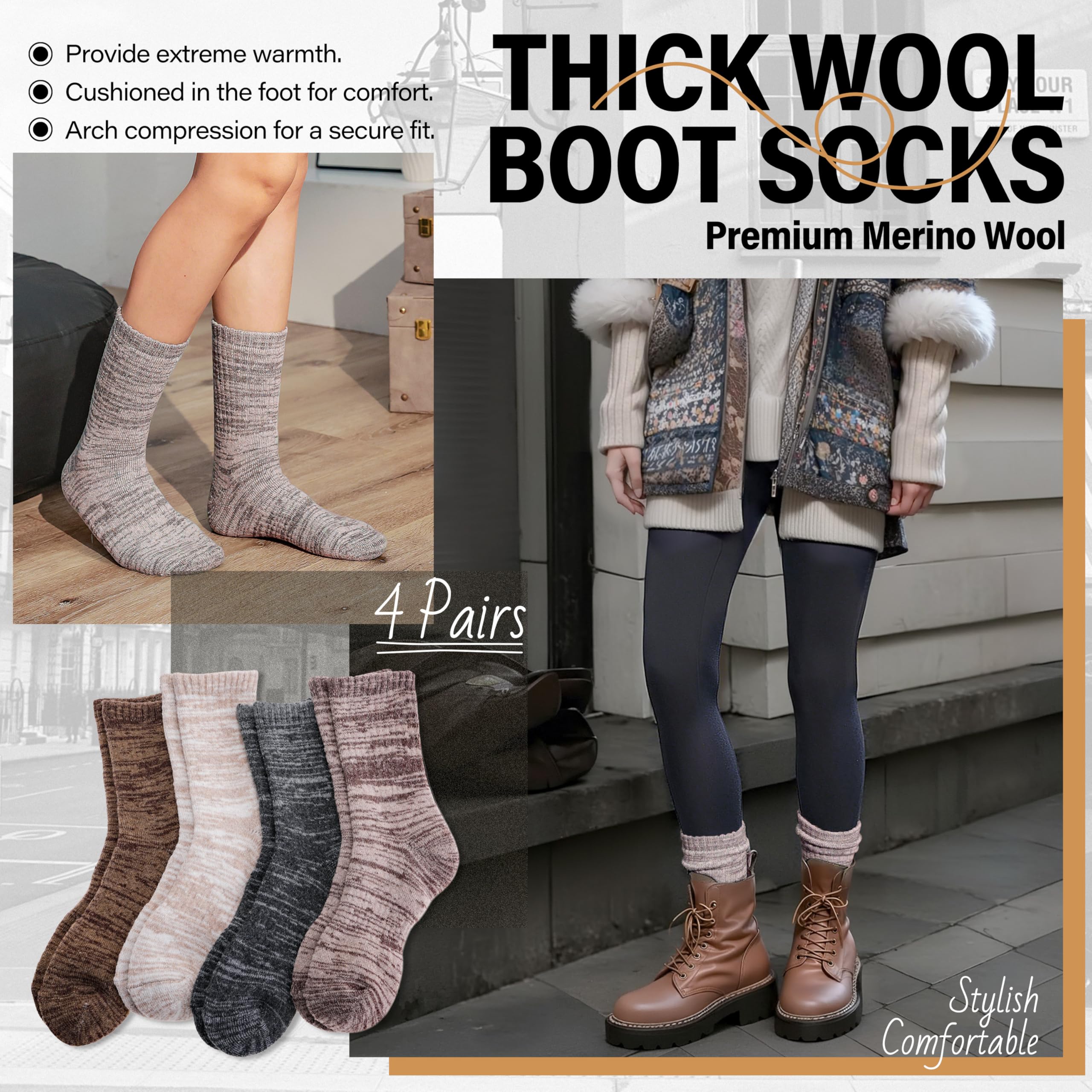 Anlisim Warme Wandersocken aus Merinowolle, extra dick, Winter, gemütlich, Crew, bequeme Dämpfung, Arbeit, Damen und Herren, 4 Paar
