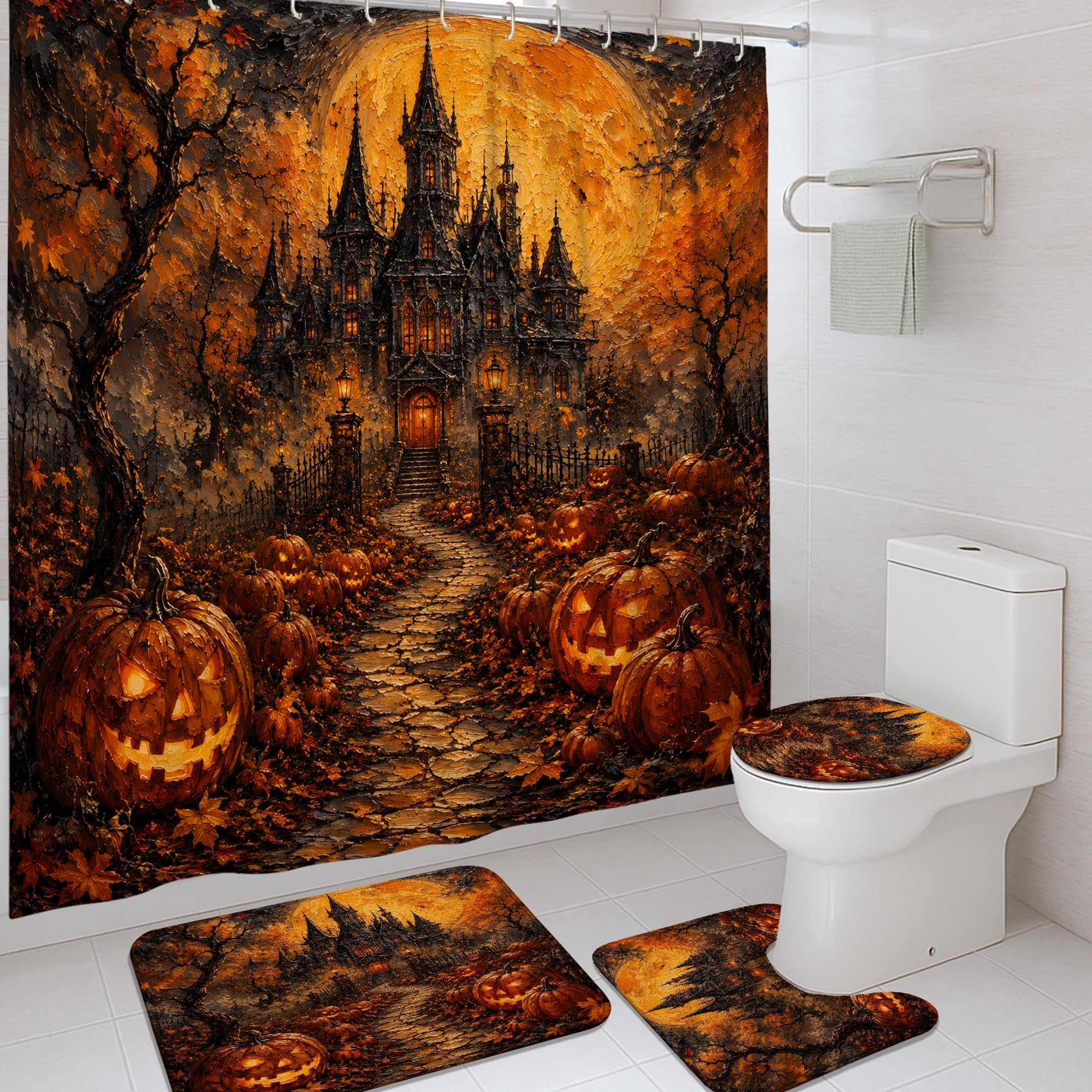 Rideau de douche imperméable Halloween motif château lune anti-moisissure