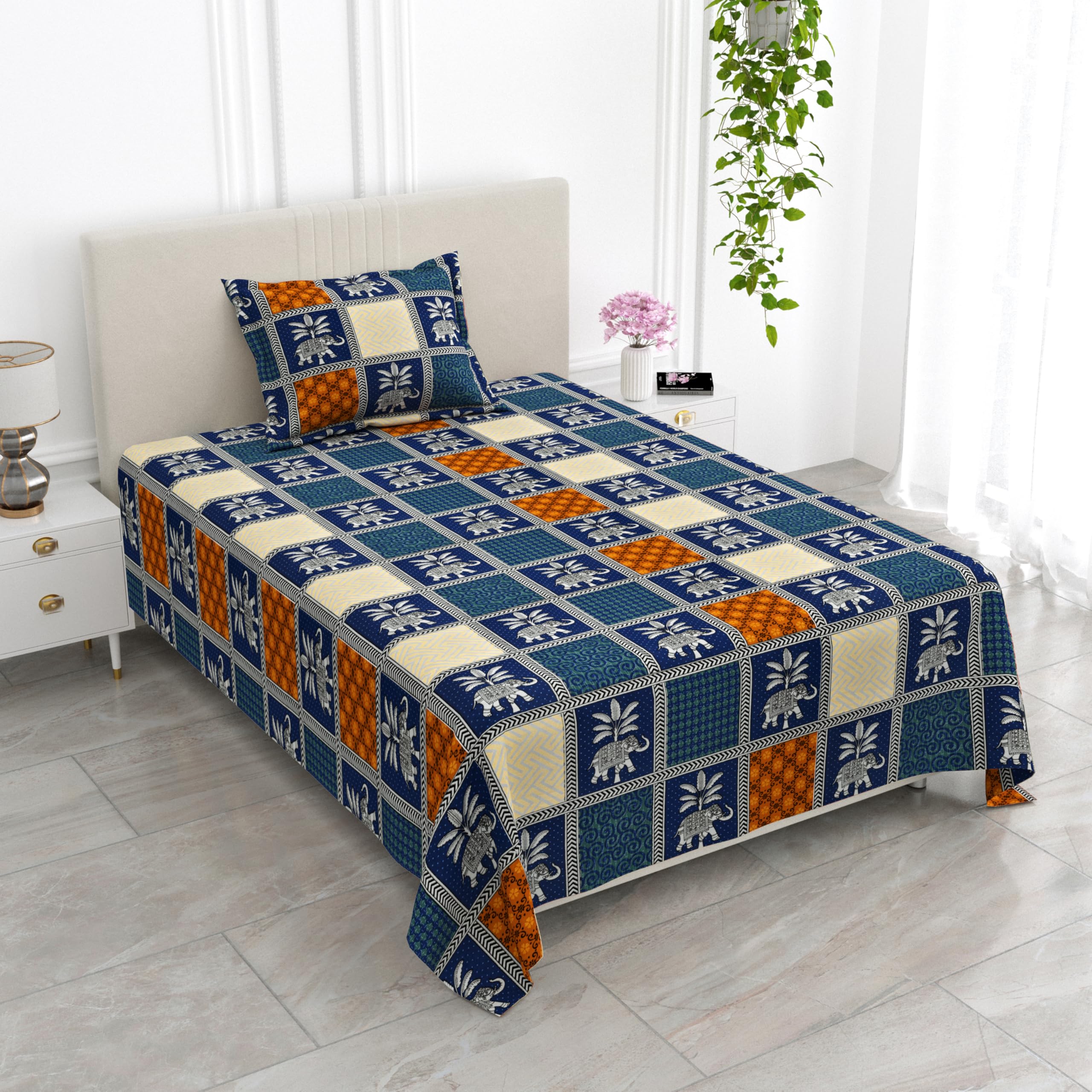 Pure Cotton Single Bed Bedsheet with 1 Pillow Cover, Jaipuri Printed Cotton Bedsheet for Single & Diwan Bed, 60 X 90 Inch Soft Breathable Cotton Bed Sheet (Midnight Blue)-image-26