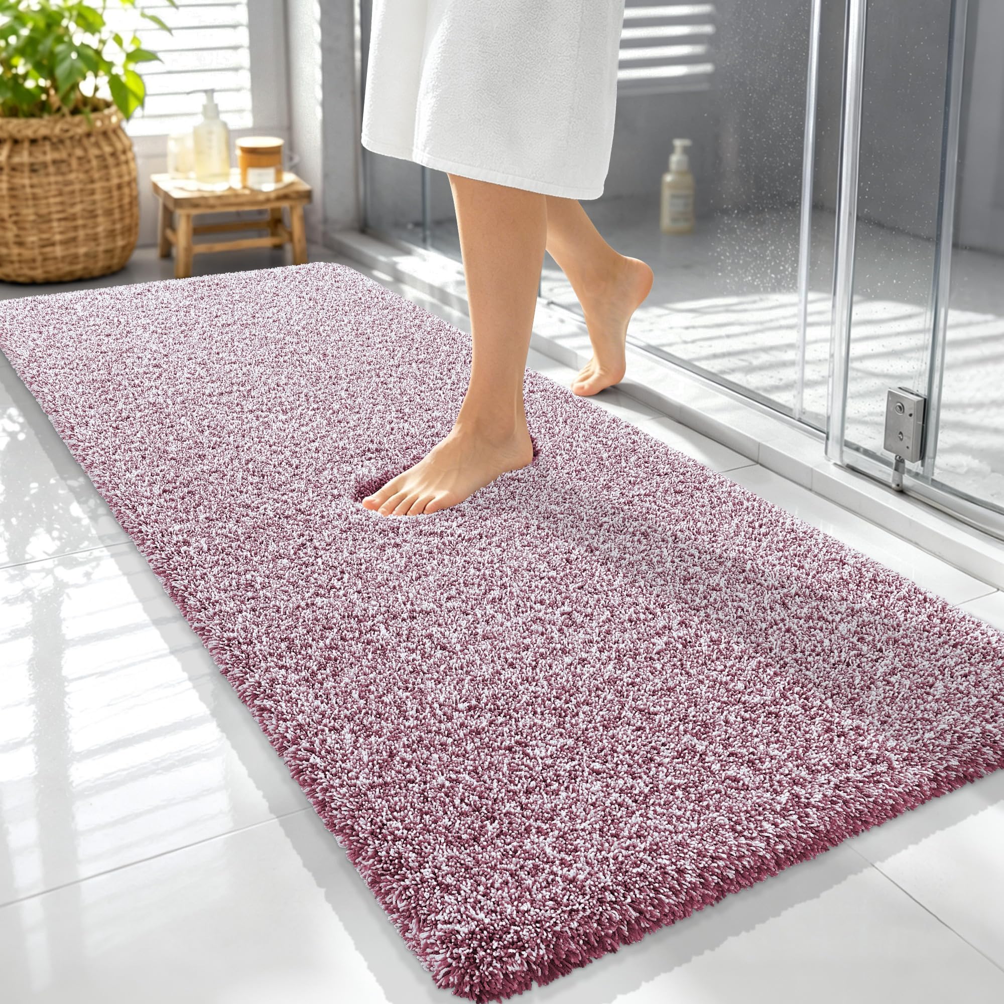 OLANLY Microfiber Bath Rugs - Deep Rose & White -11