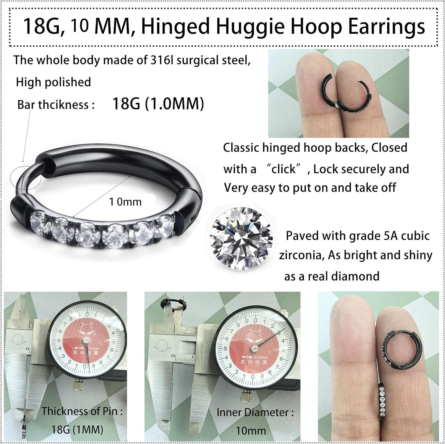 Hypoallergenic Unisex Surgical Steel Small Cubic Zirconia Huggie Hoop Earring, Color Gold - Silver - Rose Gold - Black - Rainbow, Size 6mm- 12mm Safe for Sensitive Ear - Image 4