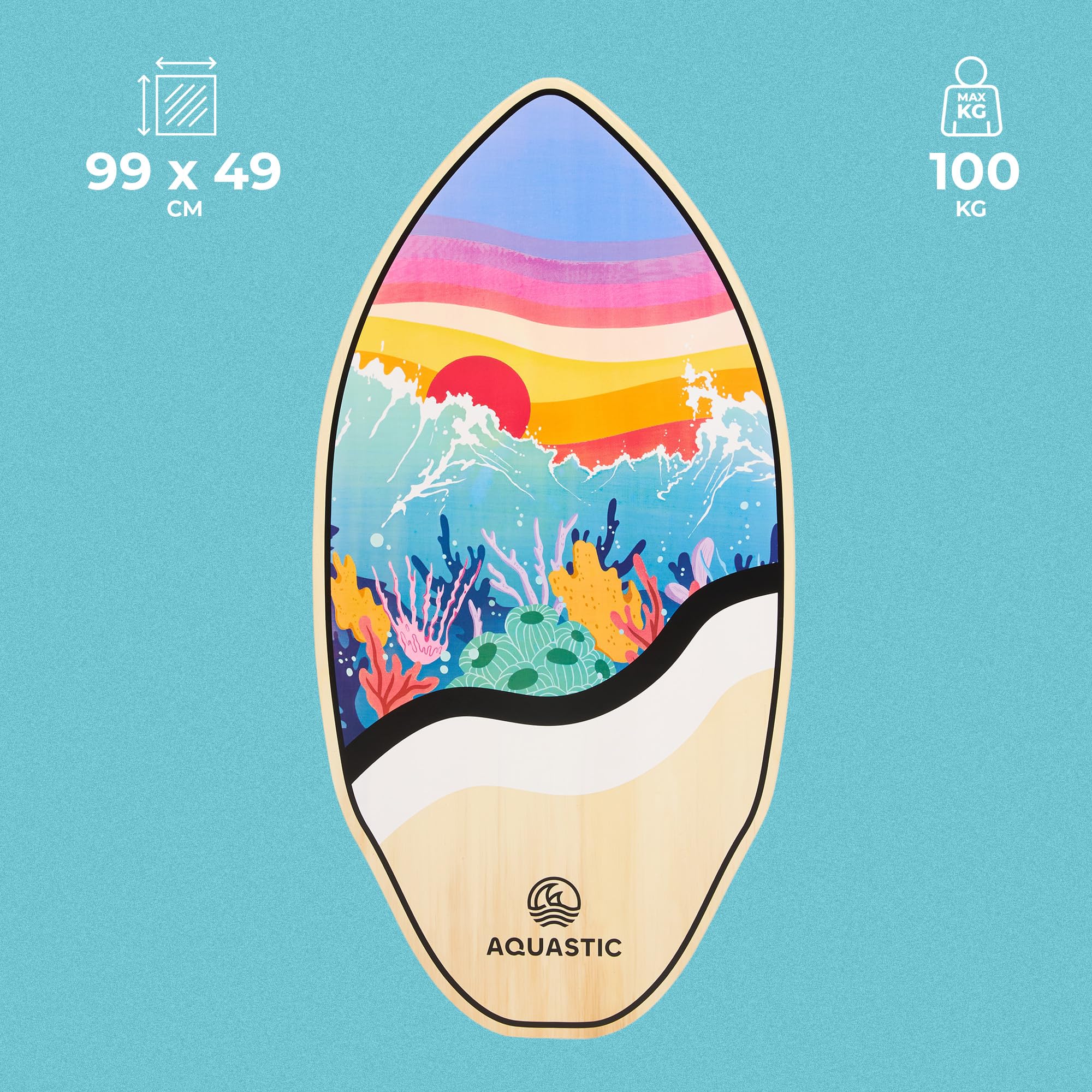 AQUASTIC Lagoon 39" Skimboard ze sklejki topolowej, 99 x 49 cm, do 100 kg, kolorowa deska dla początkujących i zaawansowanych