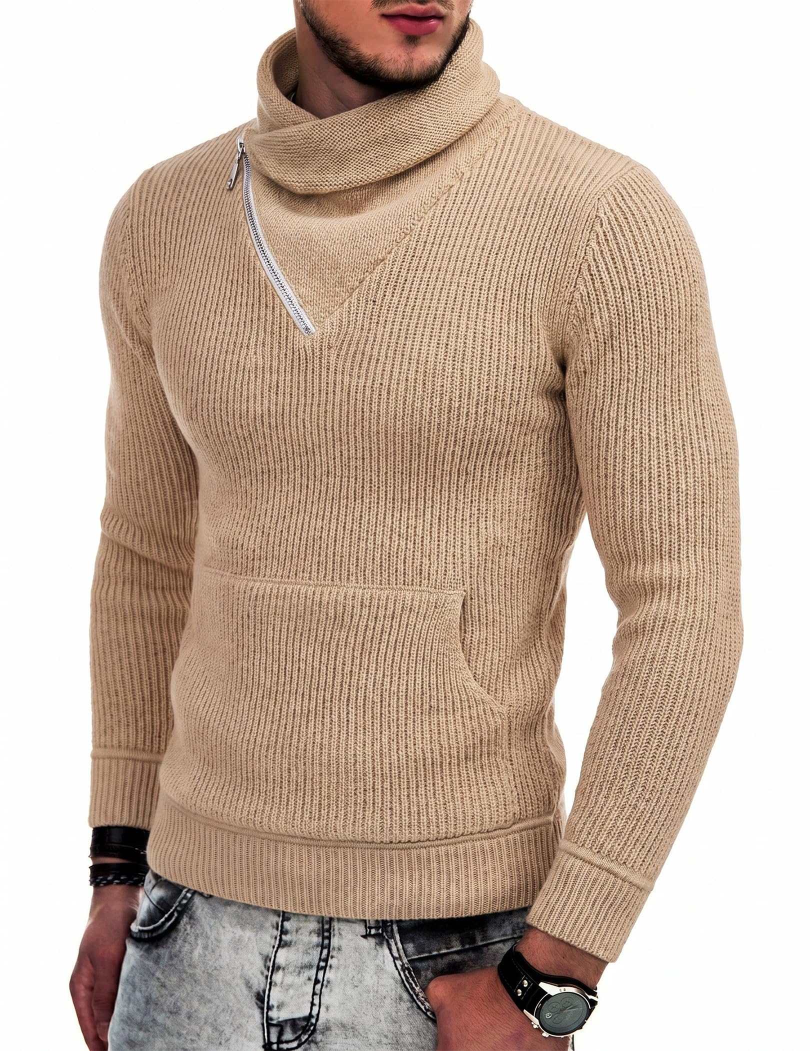 COOFANDY Men's Knitted Turtleneck Pullover Shawl Collar Sweater Hoodie