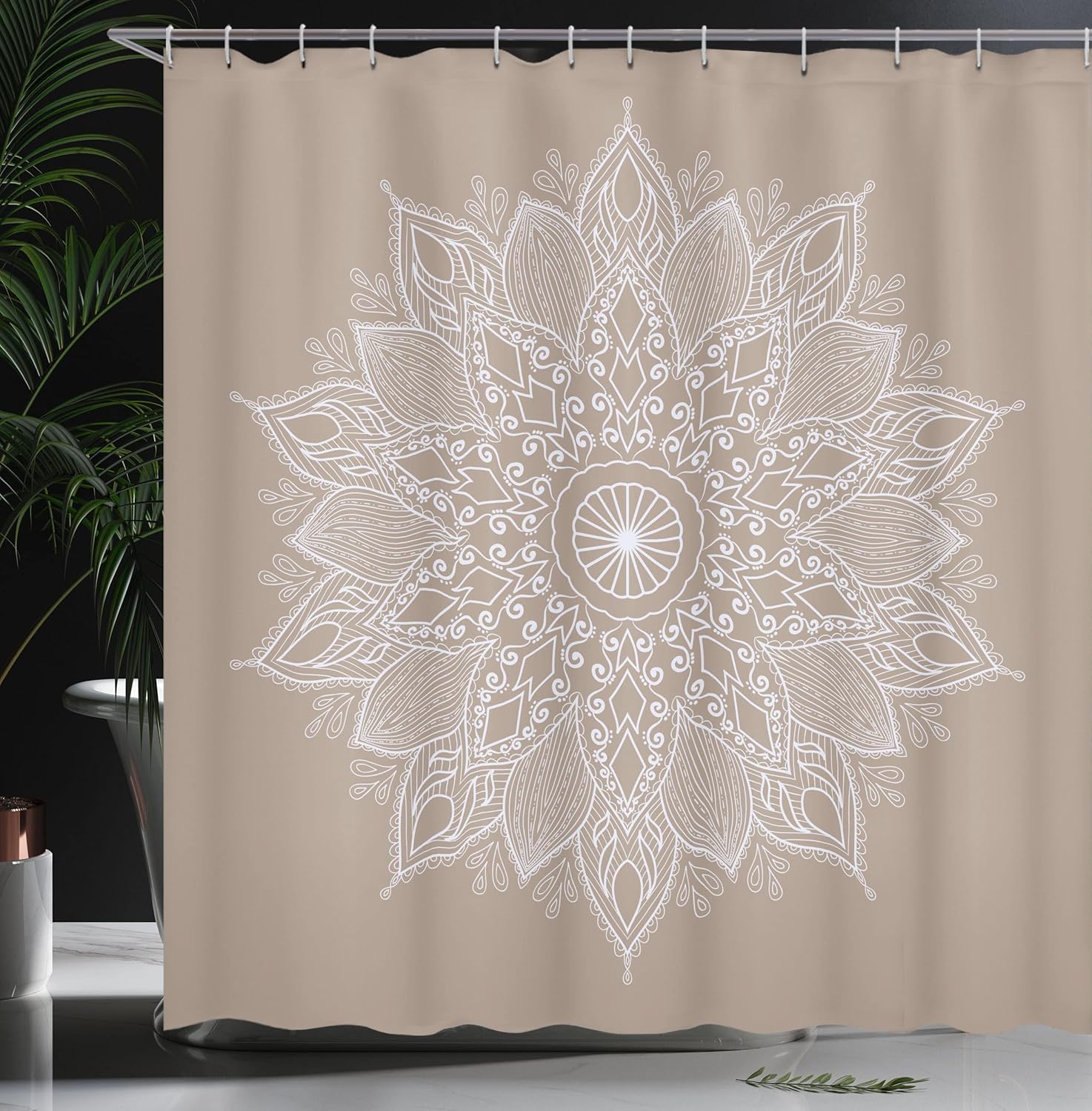 Ambesonne Mandala Shower Curtain, Lotus Inspired Flower Lace Circle Ornate Retro Pattern Eastern Universe Theme, Cloth Fabric Bathroom Decor Set with Hooks, 69" W x 70" L, Dusk White