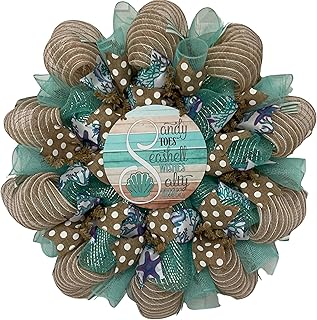 Beach Wreath, Luxury Handmade – Sandy Toes Seashell Wishes Salty Kisses Front Door Decor, 24 or 28 Inch