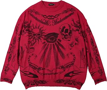Retro Streetwear Ripped Sweater Eyes Power Skull Printed Dark Style Hip Hop Oversized Pullover Long Sleeve