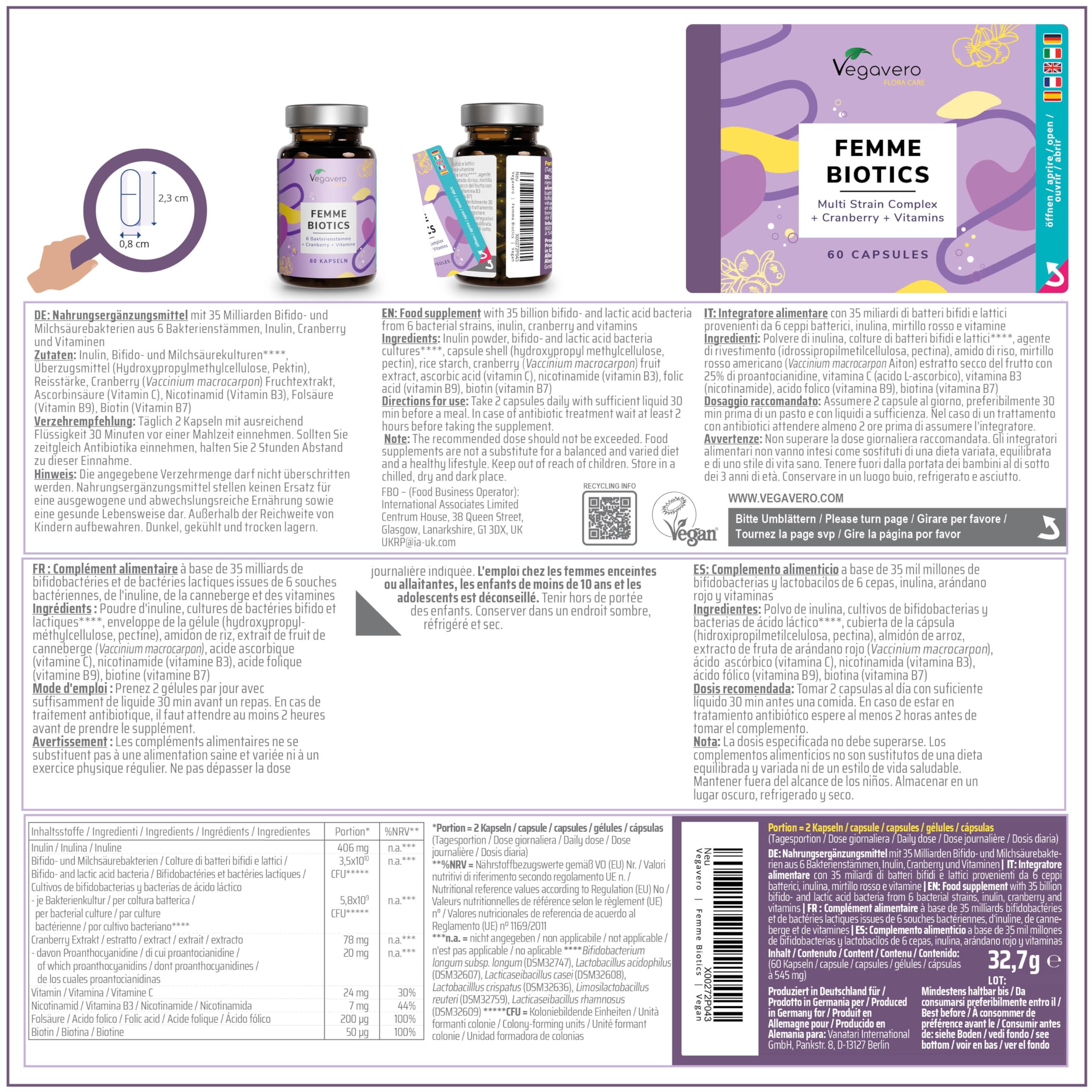Femme Biotics | Intimflora Komplex mit Vitaminen, Cranberry Extrakt & Inulin | 60 Kapseln | 6 Milchsäure- und Bifidobakterienstämme | Vegan, ohne Zusätze | Dt. Produktion Vegavero