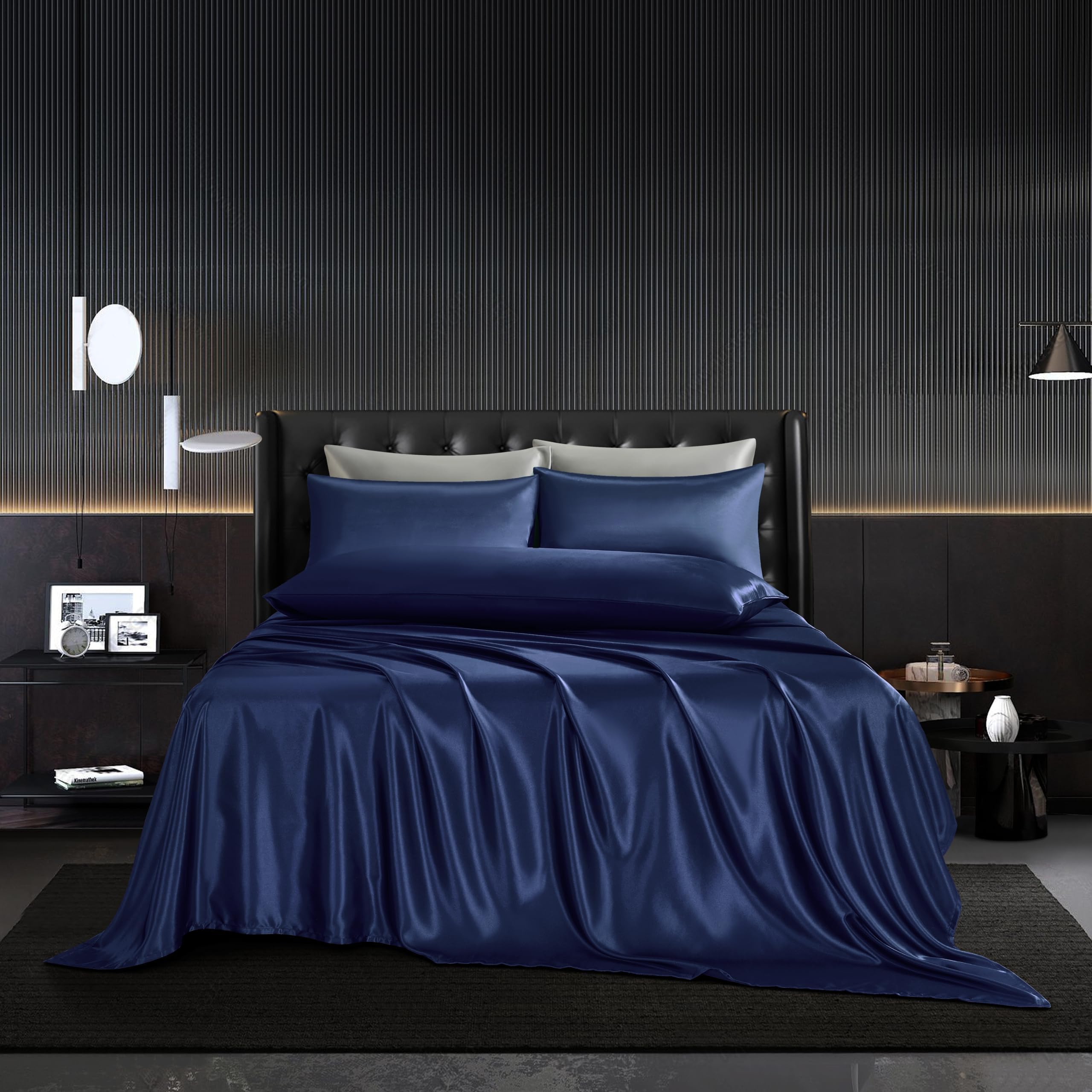 4Pcs Navy Blue Silk Sheets Twin Satin Sheets Set Twin Size Sheets Silky Comforter Bedding Sheets with 1 Satin Flat Sheet,1Deep Pocket Fitted Sheet,2 Satin Pillowcases with Envelope Closure